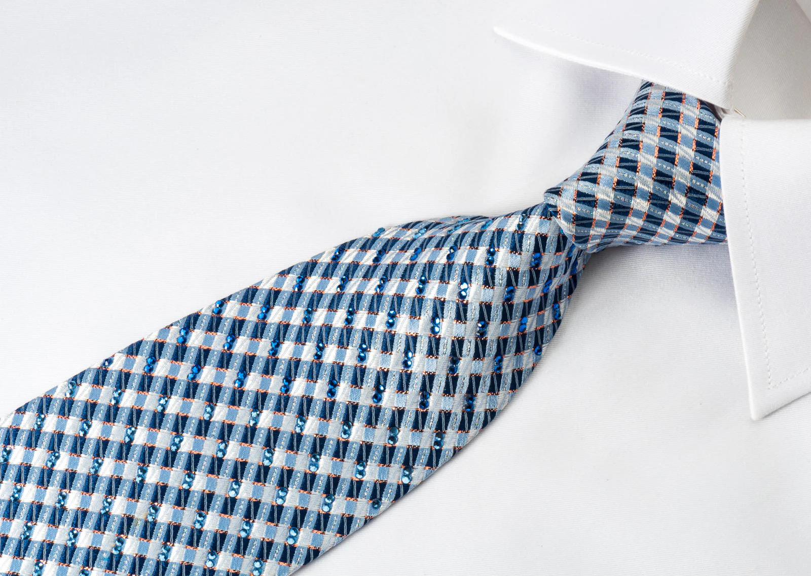 Daks Silk Bling Rhinestone Tie Blue Checkered With Sparkles - Image 5