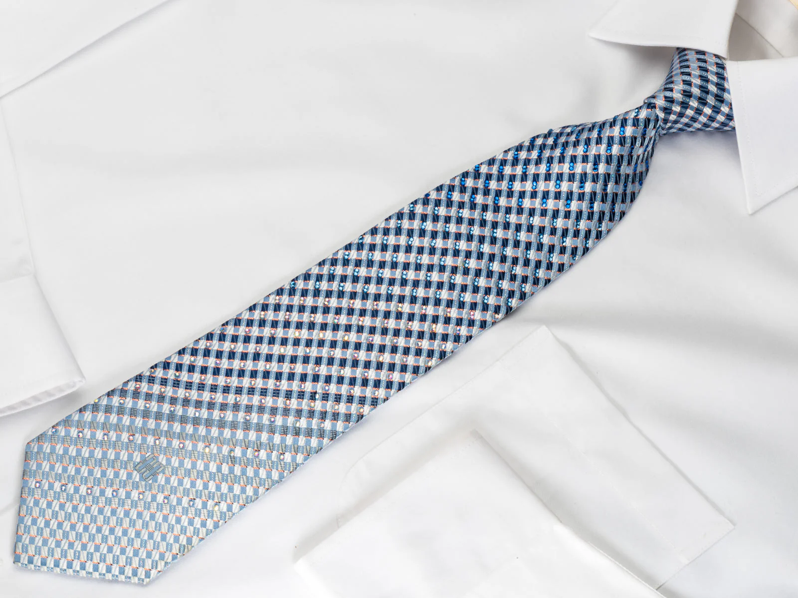 Daks Silk Bling Rhinestone Tie Blue Checkered With Sparkles - Image 6