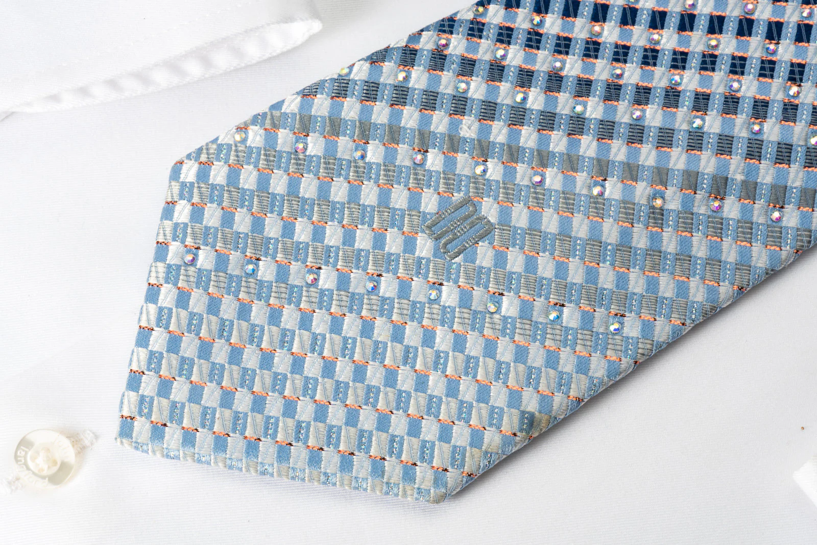Daks Silk Bling Rhinestone Tie Blue Checkered With Sparkles - Image 7