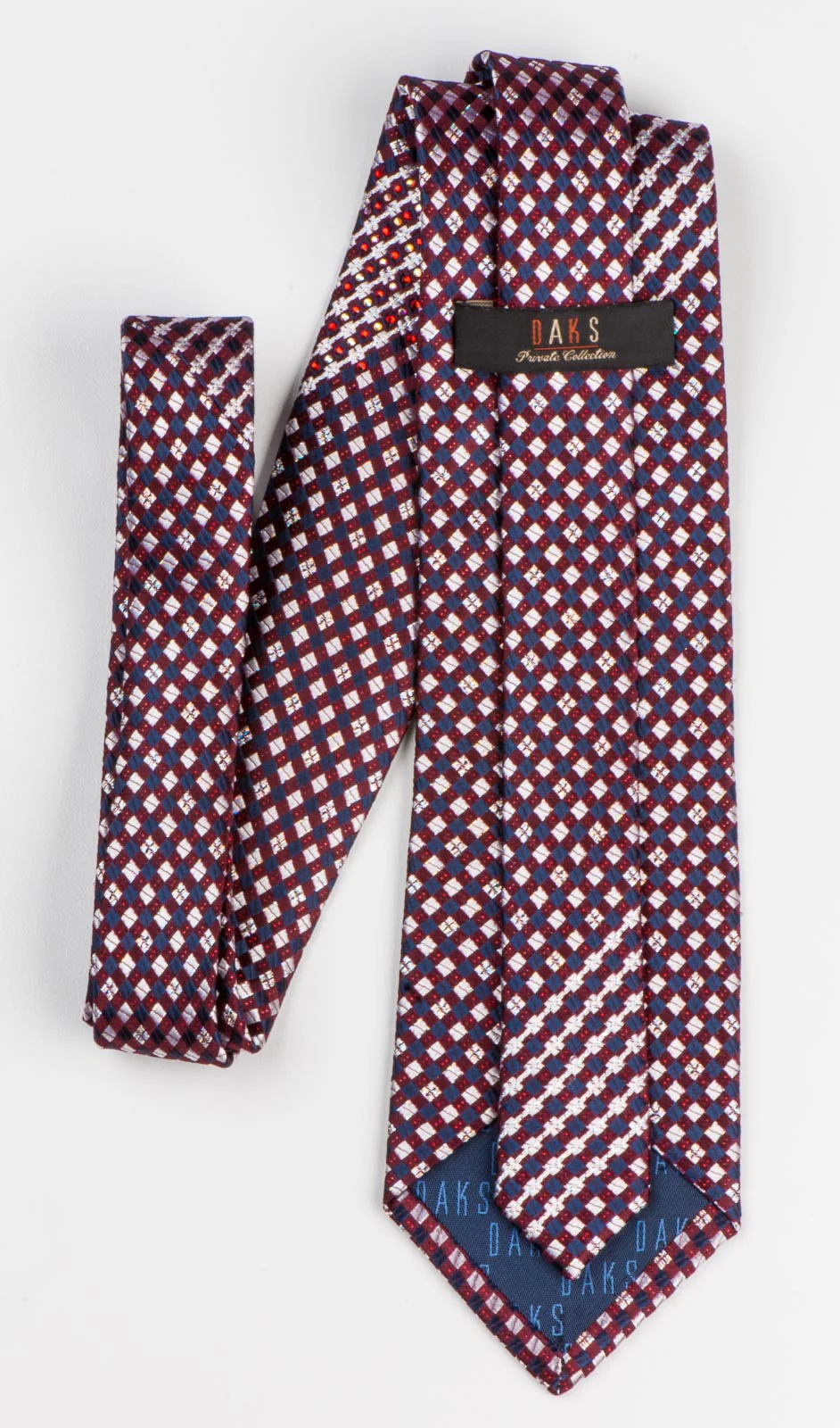 Daks Men's Crystal Silk Neck Tie Silver Blue Burgundy Checked Design With red Sparkles - Image 5