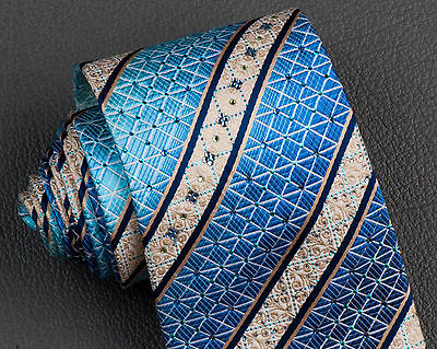 Daks Silk Neck Tie Blue Cream Striped With Lattice & Rhinestones Classic - Image 3