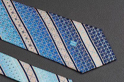 Daks Silk Neck Tie Blue Cream Striped With Lattice & Rhinestones Classic - Image 4