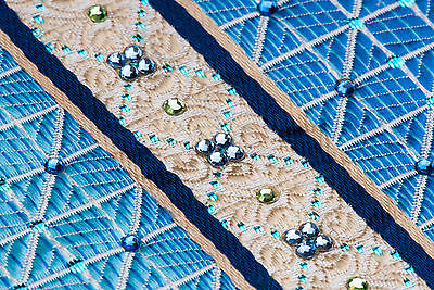 Daks Silk Neck Tie Blue Cream Striped With Lattice & Rhinestones Classic - Image 6