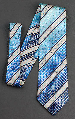 Daks Silk Neck Tie Blue Cream Striped With Lattice & Rhinestones Classic - Image 7