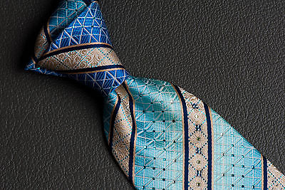 Daks Silk Neck Tie Blue Cream Striped With Lattice & Rhinestones Classic - Image 9