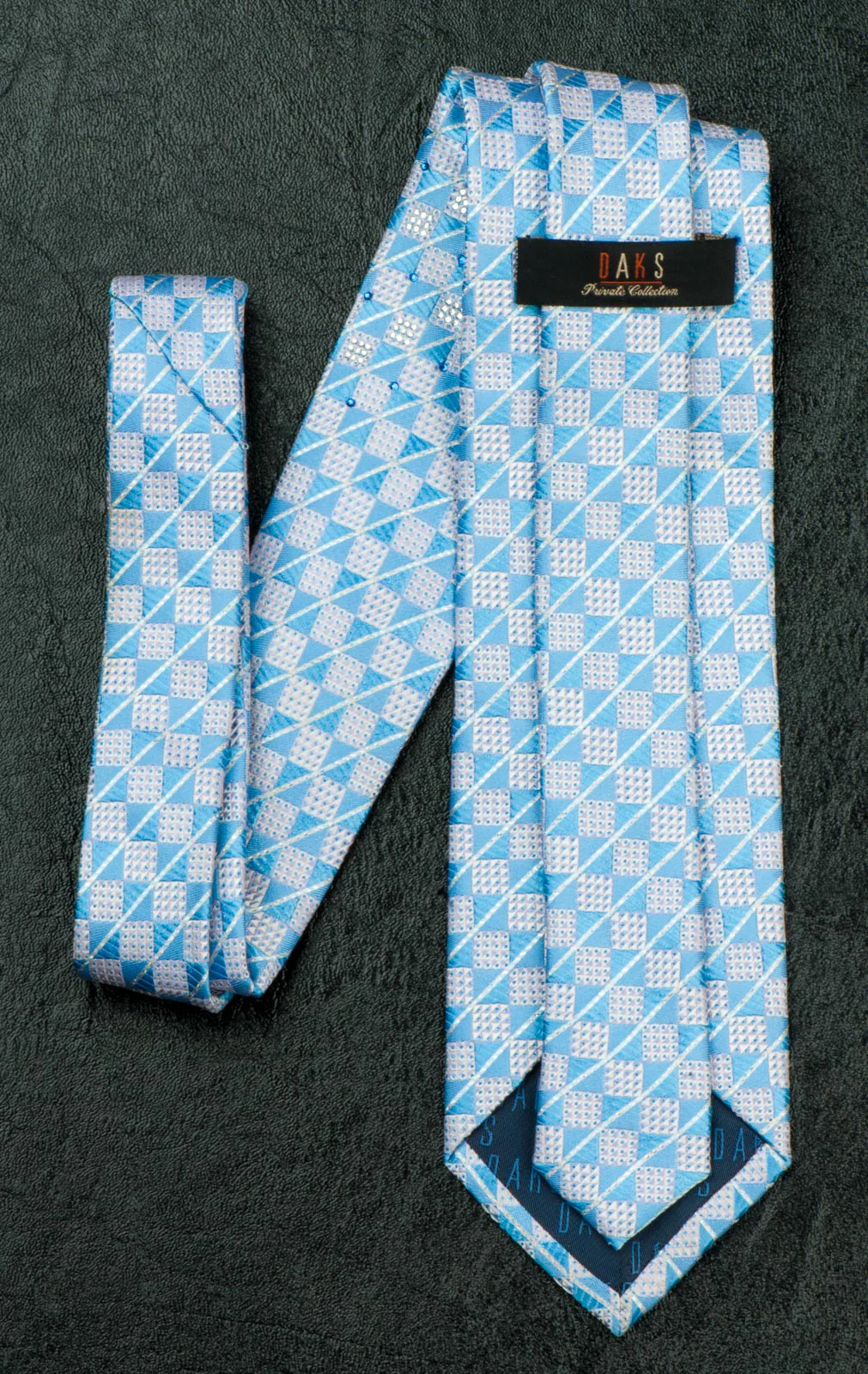 Daks Silk Neck Tie Blue & White Checks With Silver Highlights & Rhinestones - Image 4
