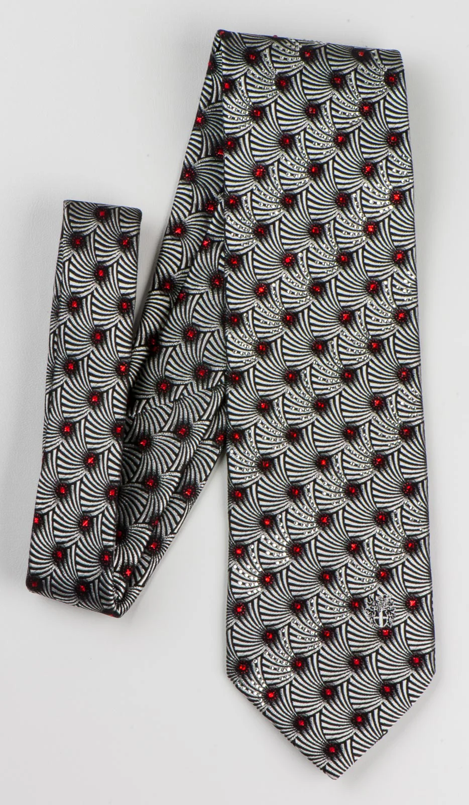 Silver Geometric Pattern On Black Silk Neck Tie With Rhinestones - Image 5
