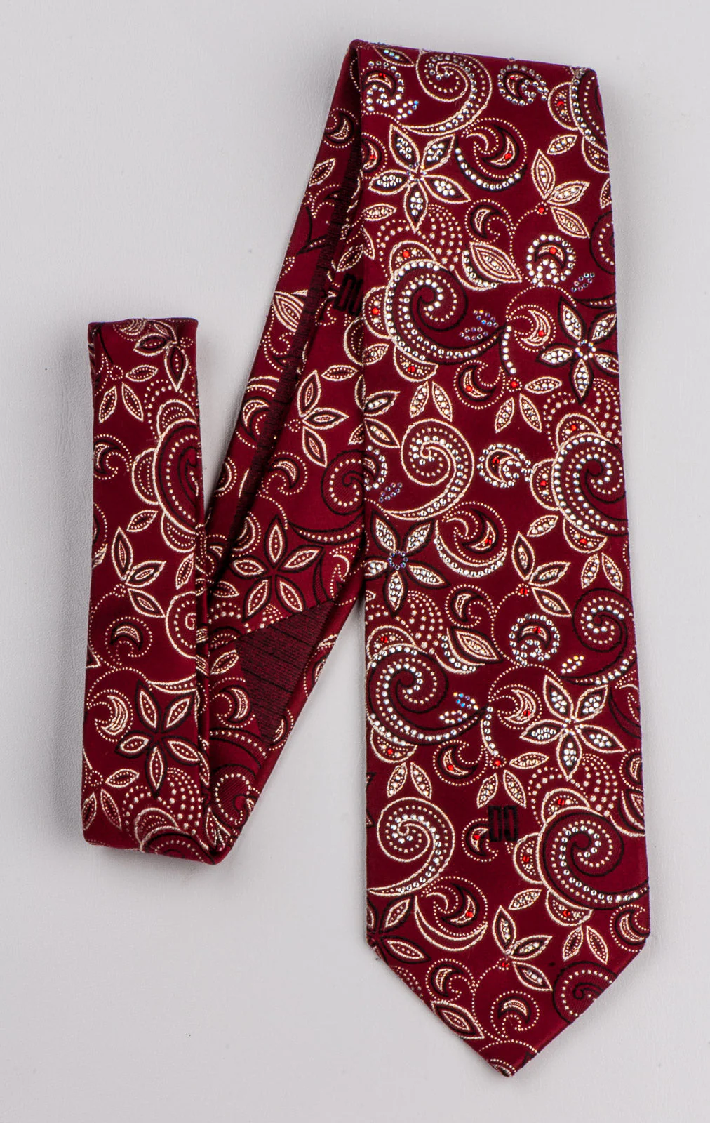 Daks Silk Neck Tie Floral Design On Burgundy With Rhinestones - Image 2