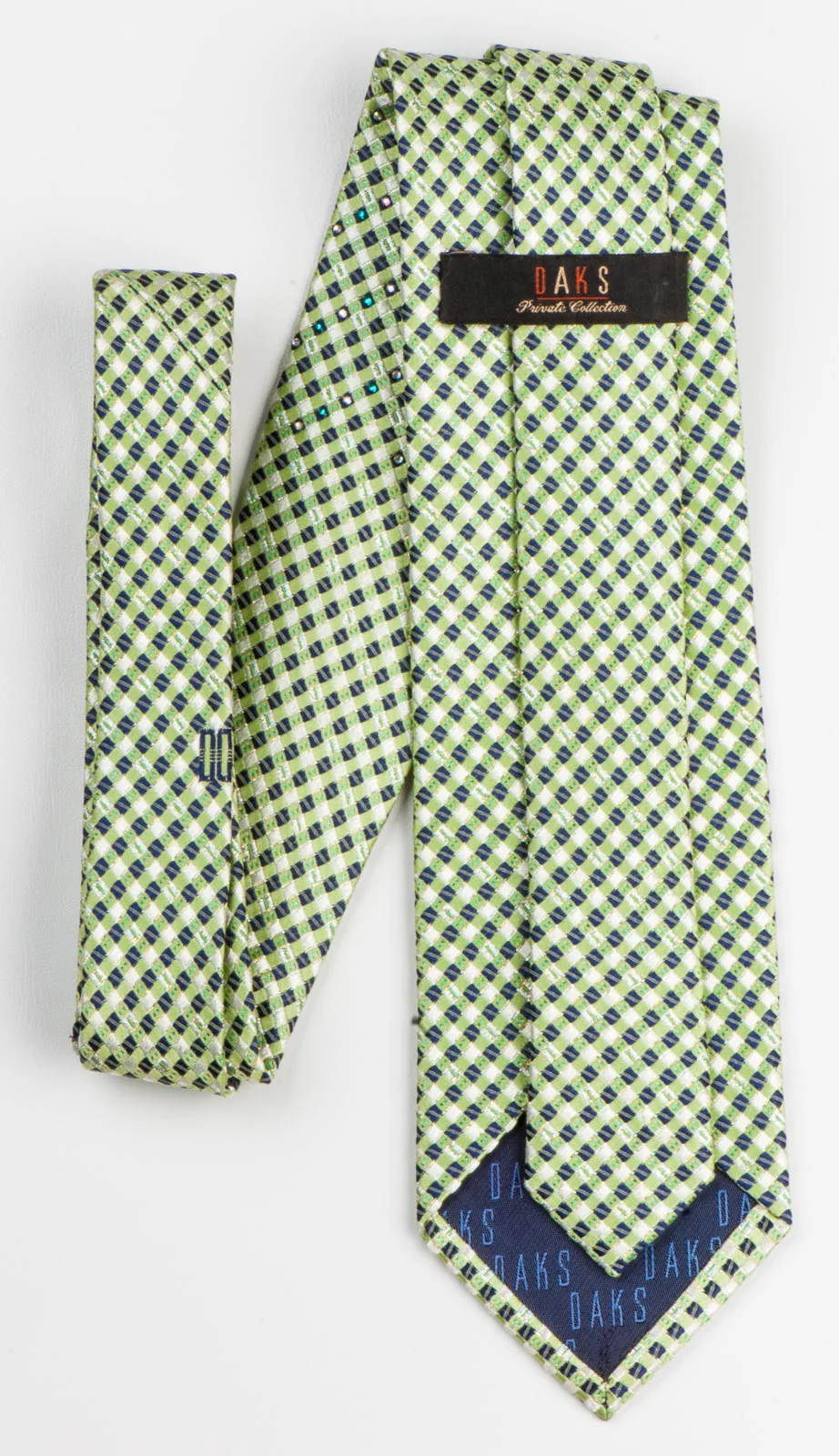 Daks Silk Neck Tie Lime Green & Black Checks With Silver Sparkles & Rhinestones - Image 3