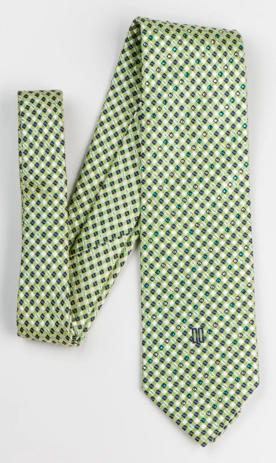 Daks Silk Neck Tie Lime Green & Black Checks With Silver Sparkles & Rhinestones - Image 4