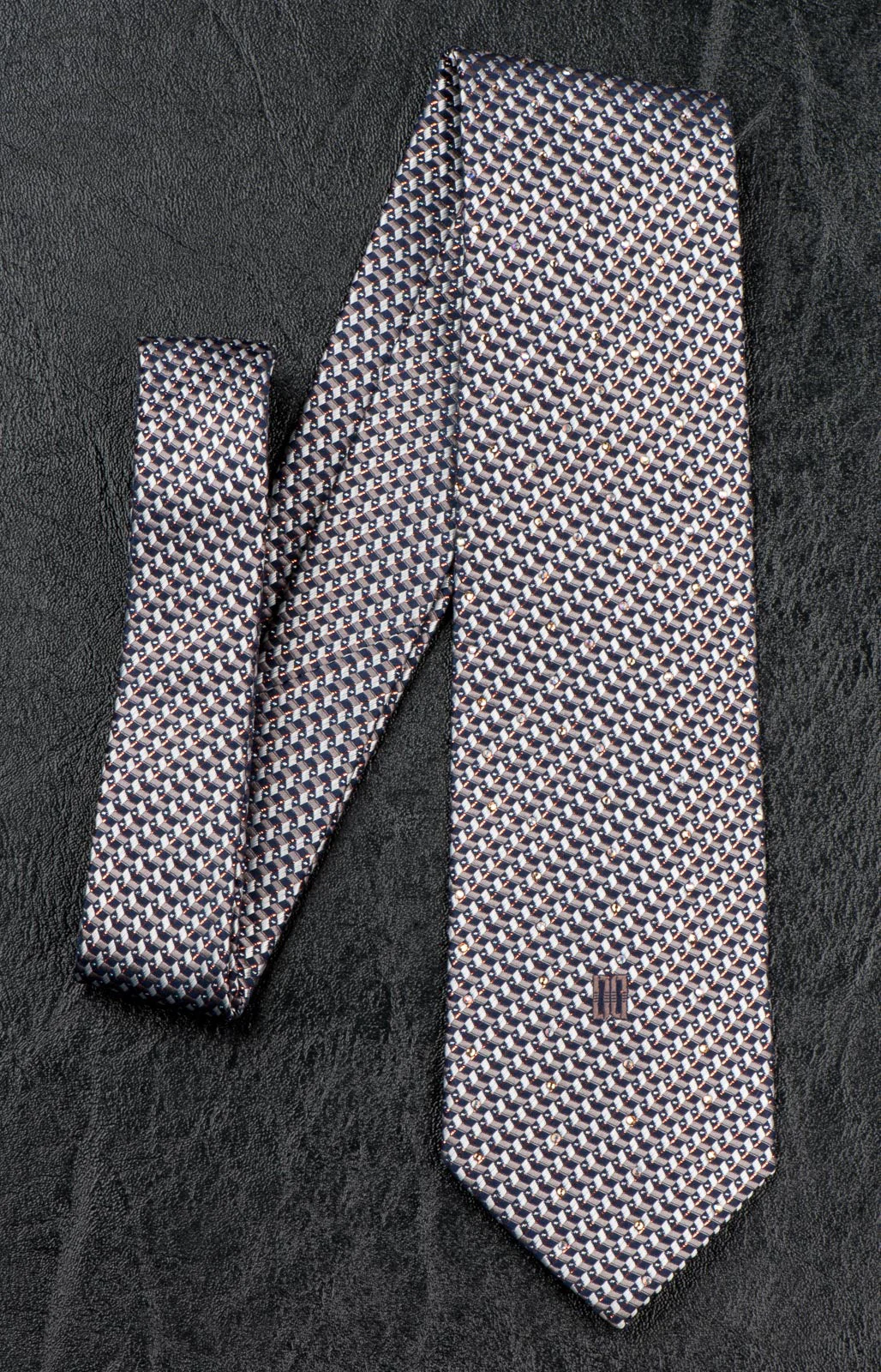 Daks Silk Neck Tie Silver Black Geometric Design With Rhinestones & Highlights - Image 3