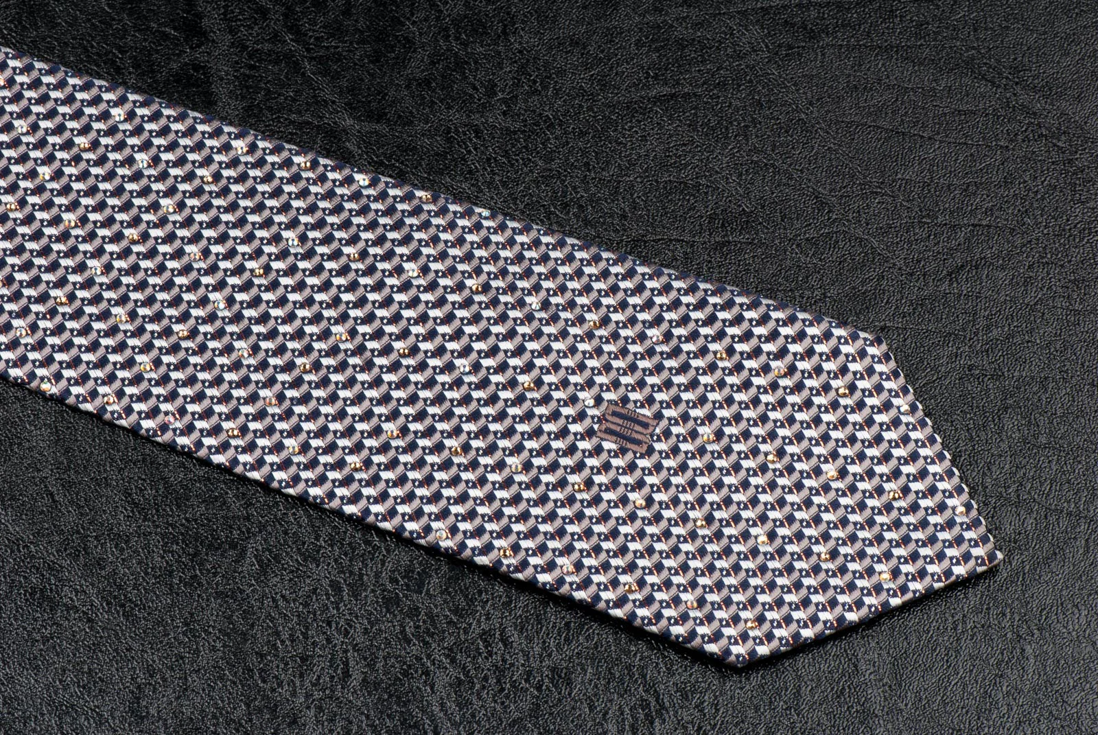 Daks Silk Neck Tie Silver Black Geometric Design With Rhinestones & Highlights - Image 4