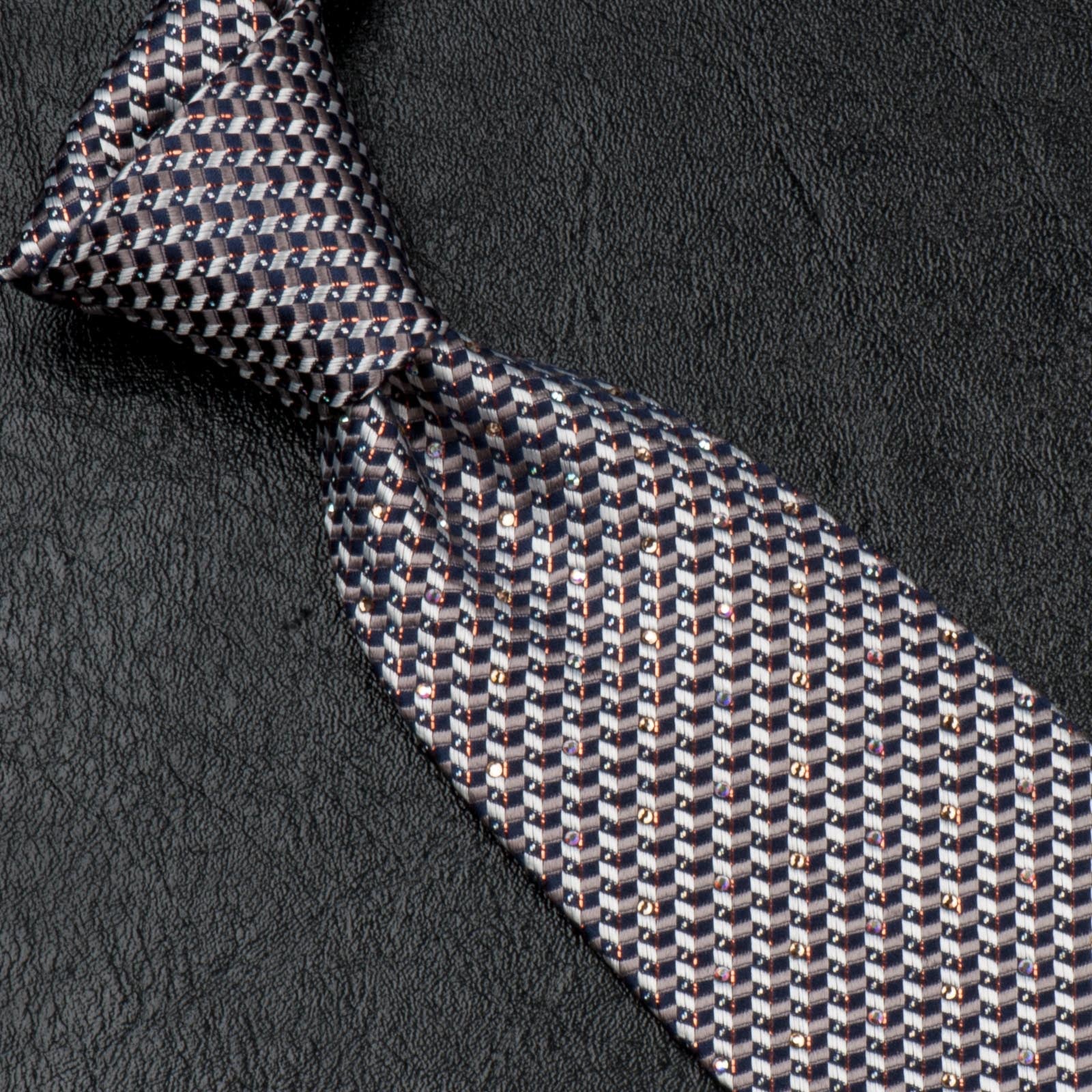 Daks Silk Neck Tie Silver Black Geometric Design With Rhinestones & Highlights - Image 5