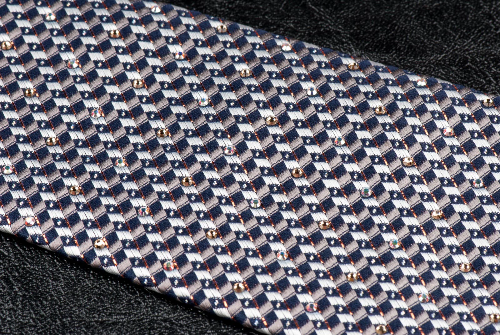 Daks Silk Neck Tie Silver Black Geometric Design With Rhinestones & Highlights - Image 6
