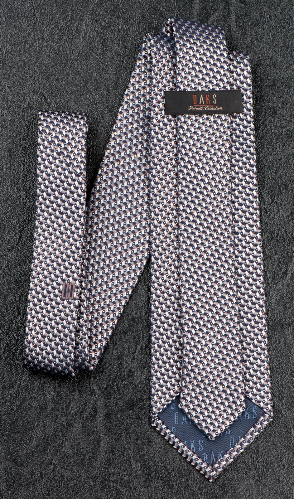 Daks Silk Neck Tie Silver Black Geometric Design With Rhinestones & Highlights - Image 7