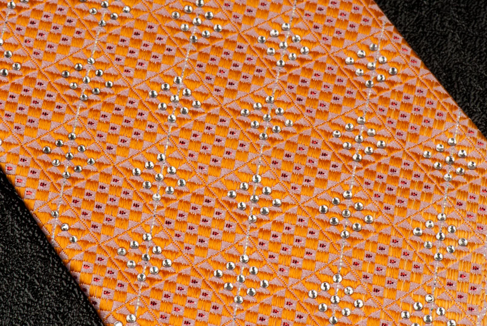 Daks Silk Neck Tie With Rhinestones Orange & White Checked With Silver Sparkles - Image 5