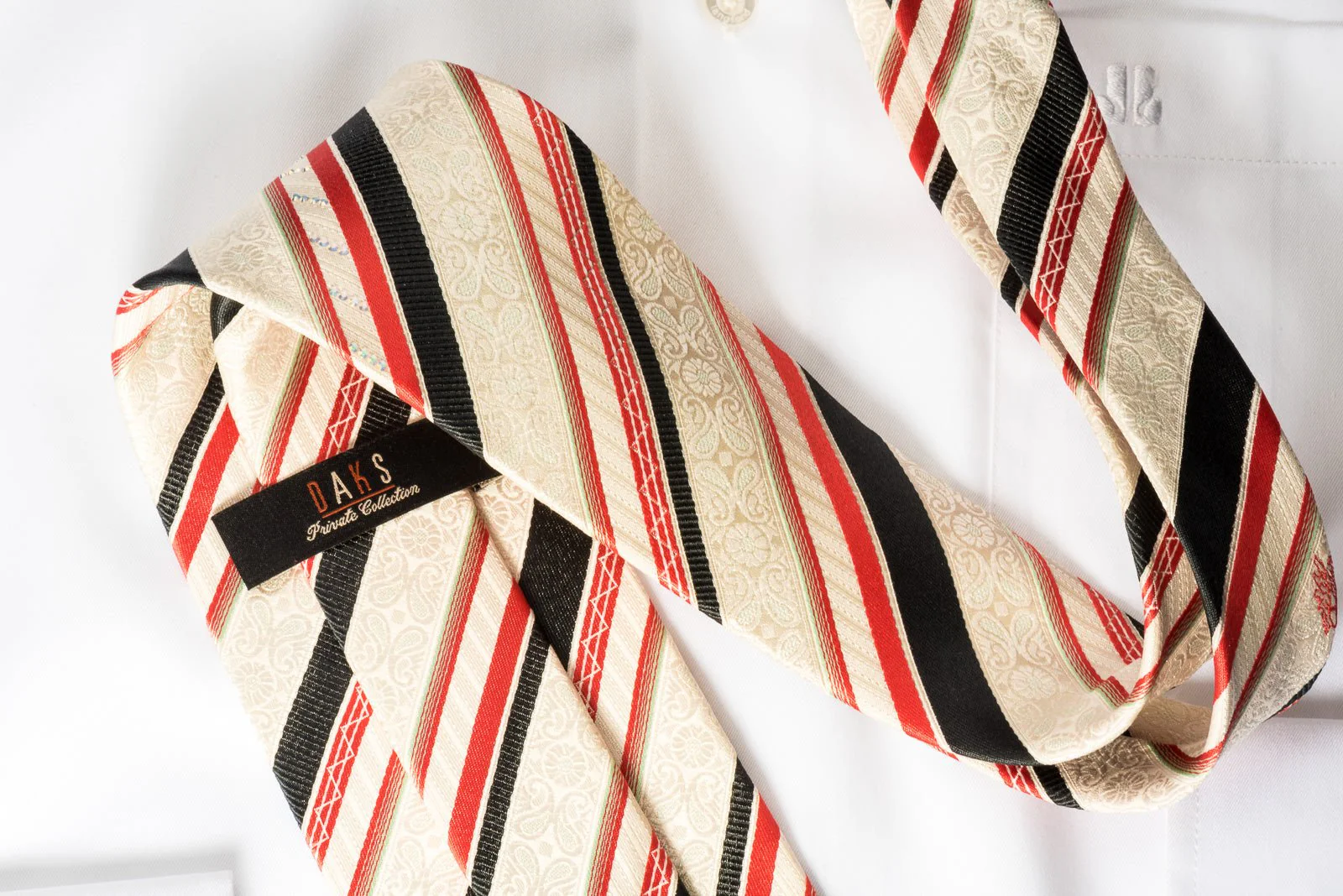 Daks Silk Necktie Black Orange Stripes On Cream White With Rhinestones - Image 3