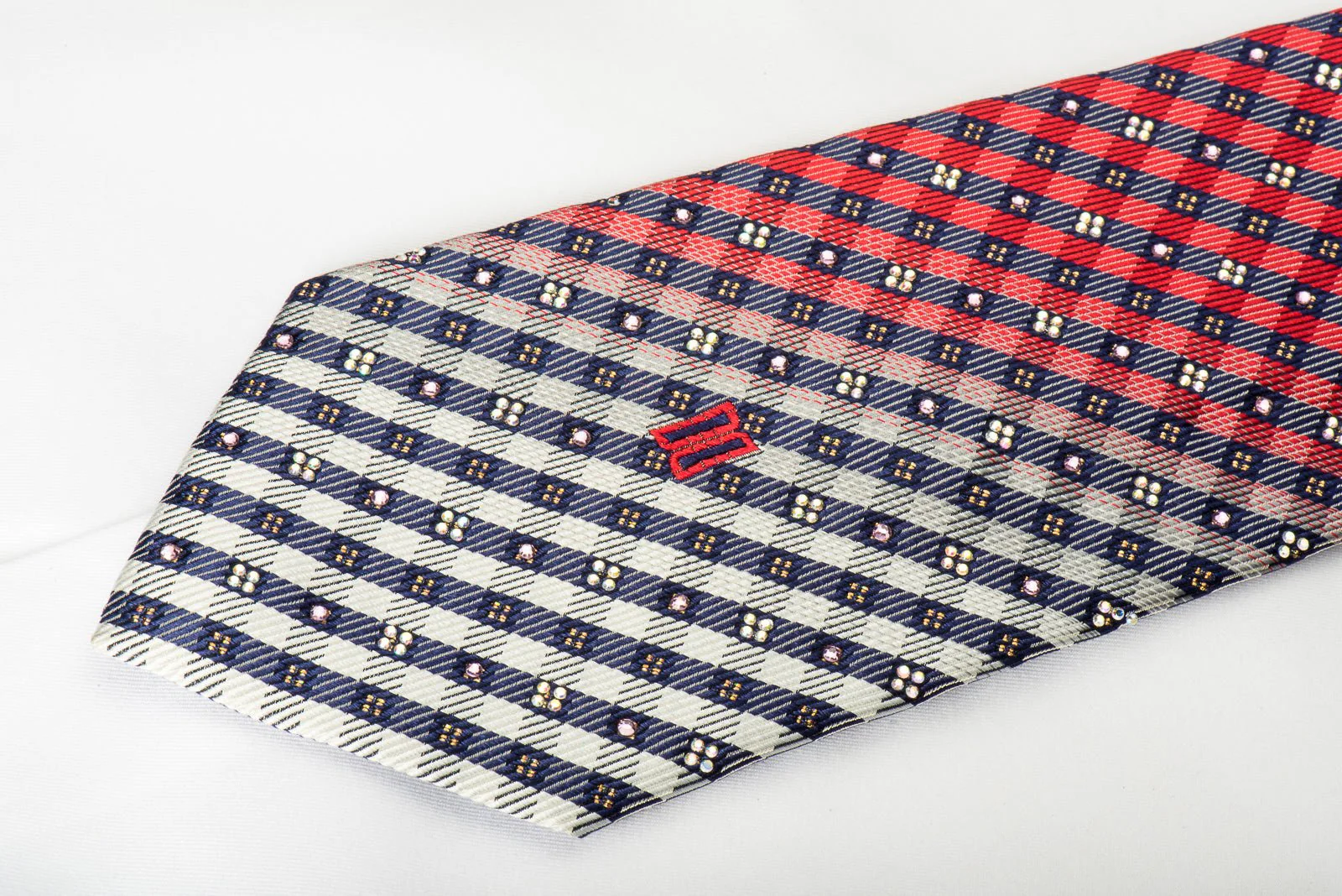 Daks Silk Necktie Blue Red Plaid With Rhinestones & Sparkles - Image 5