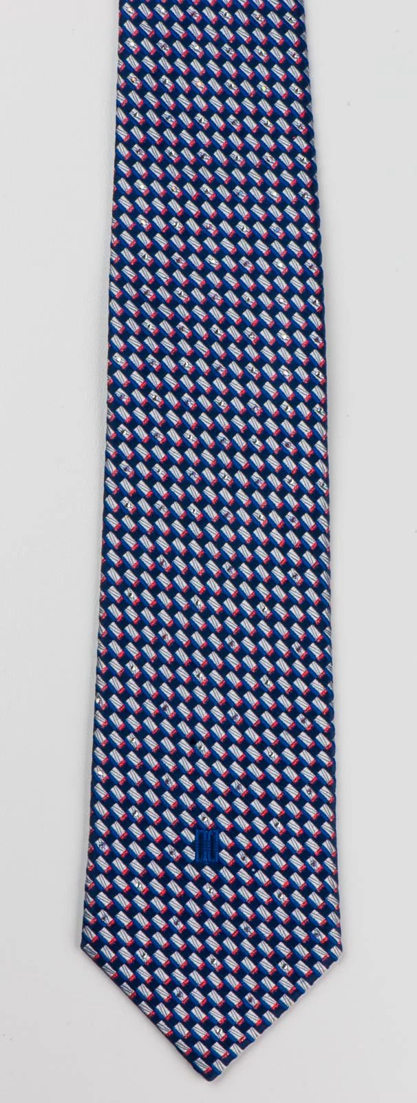 Daks Silk Necktie Silver Red Geometric Pattern On Navy Blue With Rhinestones - Image 4