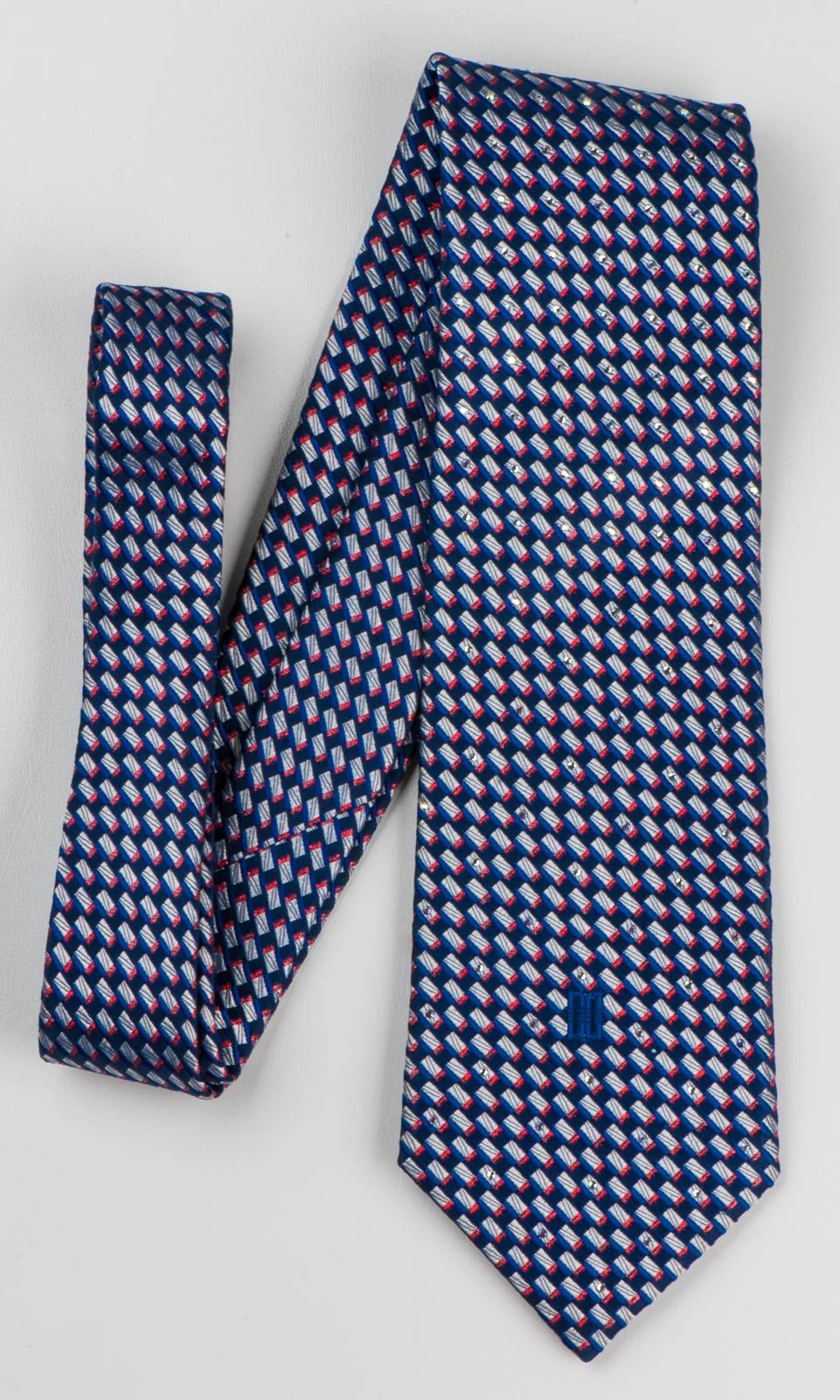 Daks Silk Necktie Silver Red Geometric Pattern On Navy Blue With Rhinestones - Image 5