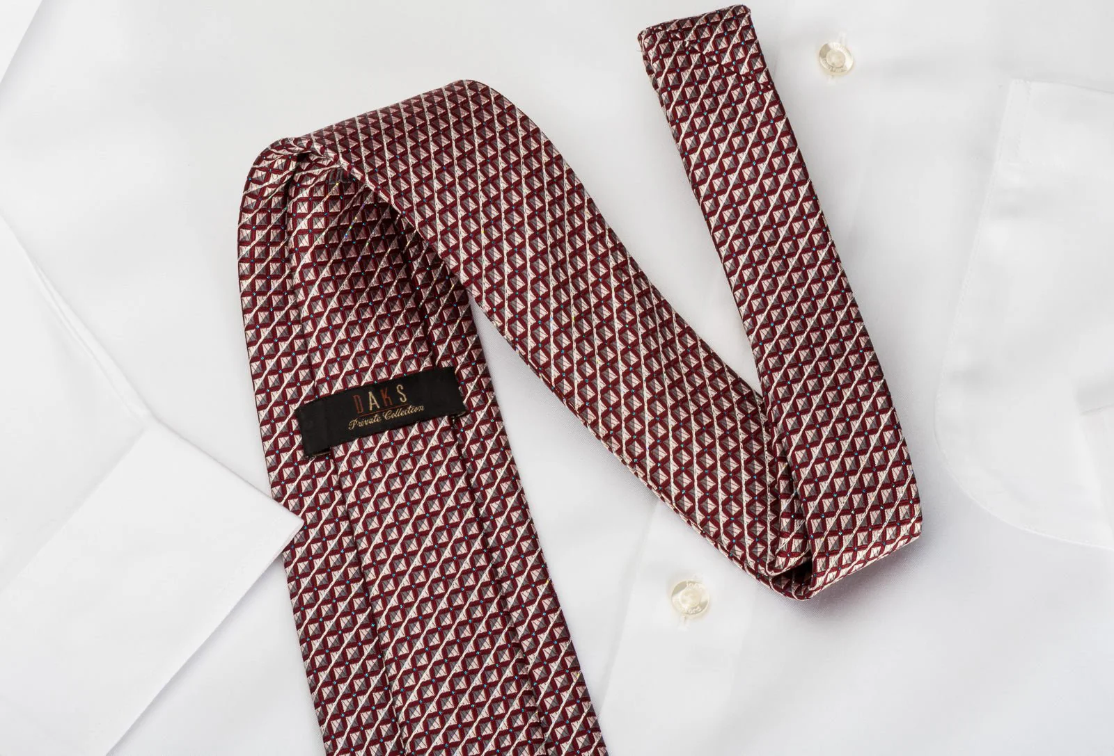 Daks Silk Necktie Silver Striped & Checkered On Burgundy With Silver Sparkles - Image 3