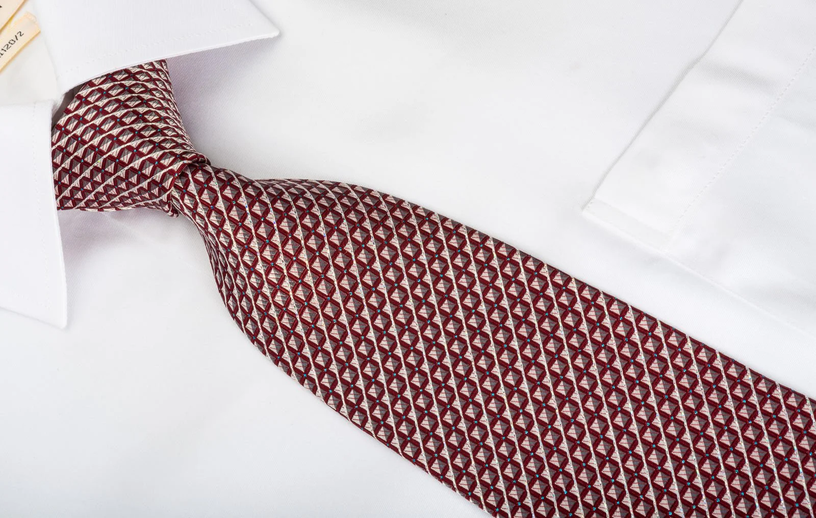 Daks Silk Necktie Silver Striped & Checkered On Burgundy With Silver Sparkles - Image 4