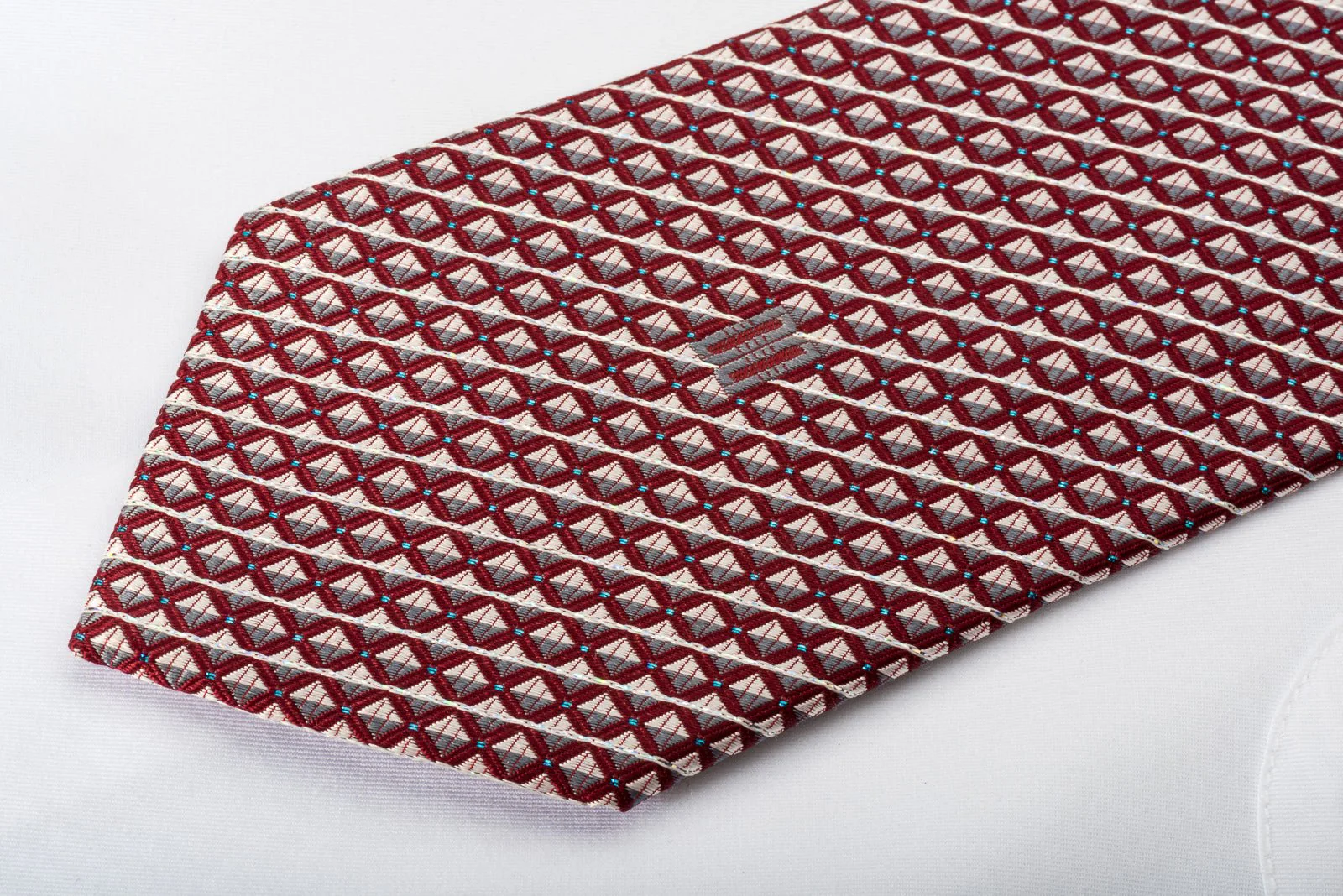 Daks Silk Necktie Silver Striped & Checkered On Burgundy With Silver Sparkles - Image 5