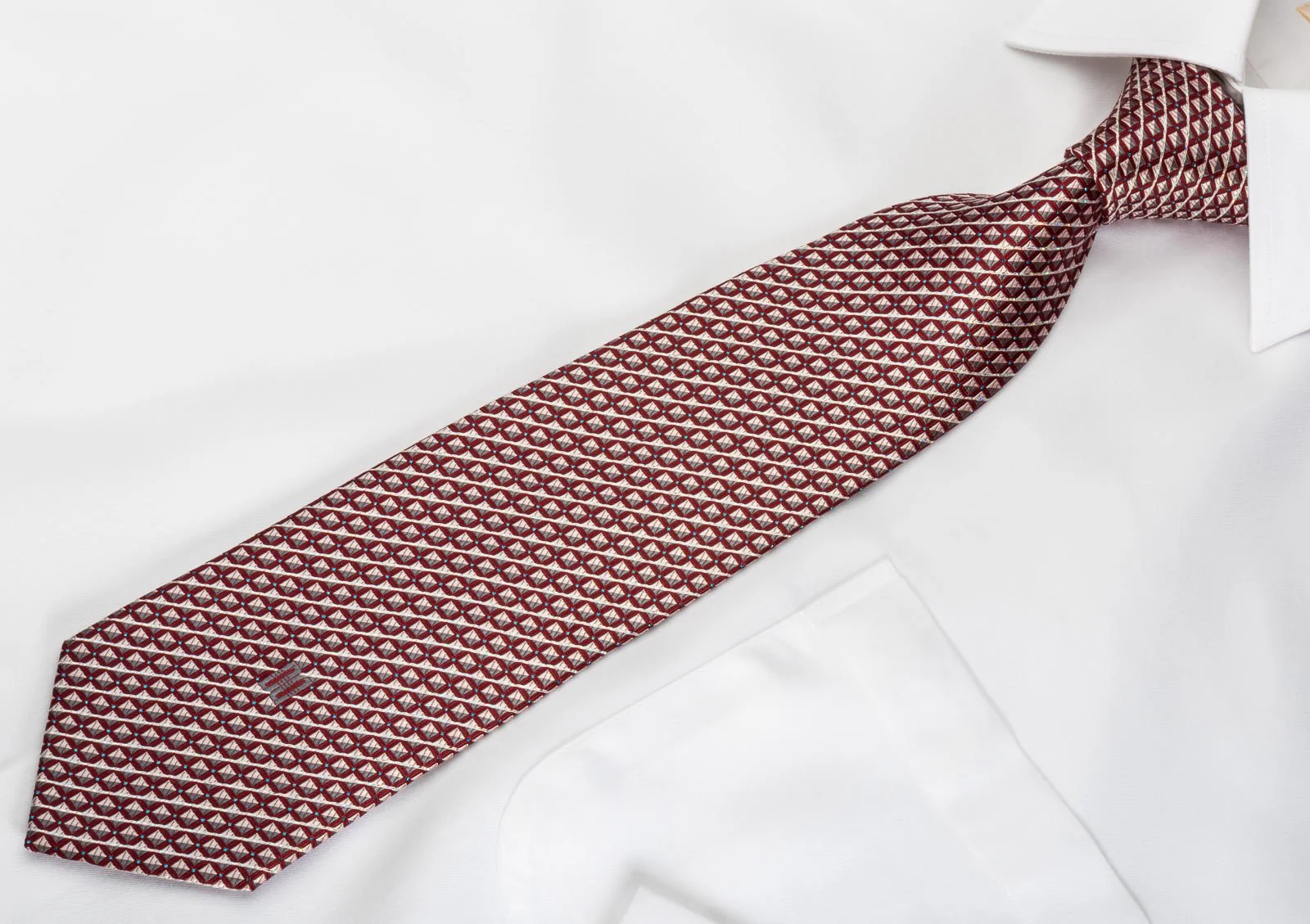Daks Silk Necktie Silver Striped & Checkered On Burgundy With Silver Sparkles - Image 7