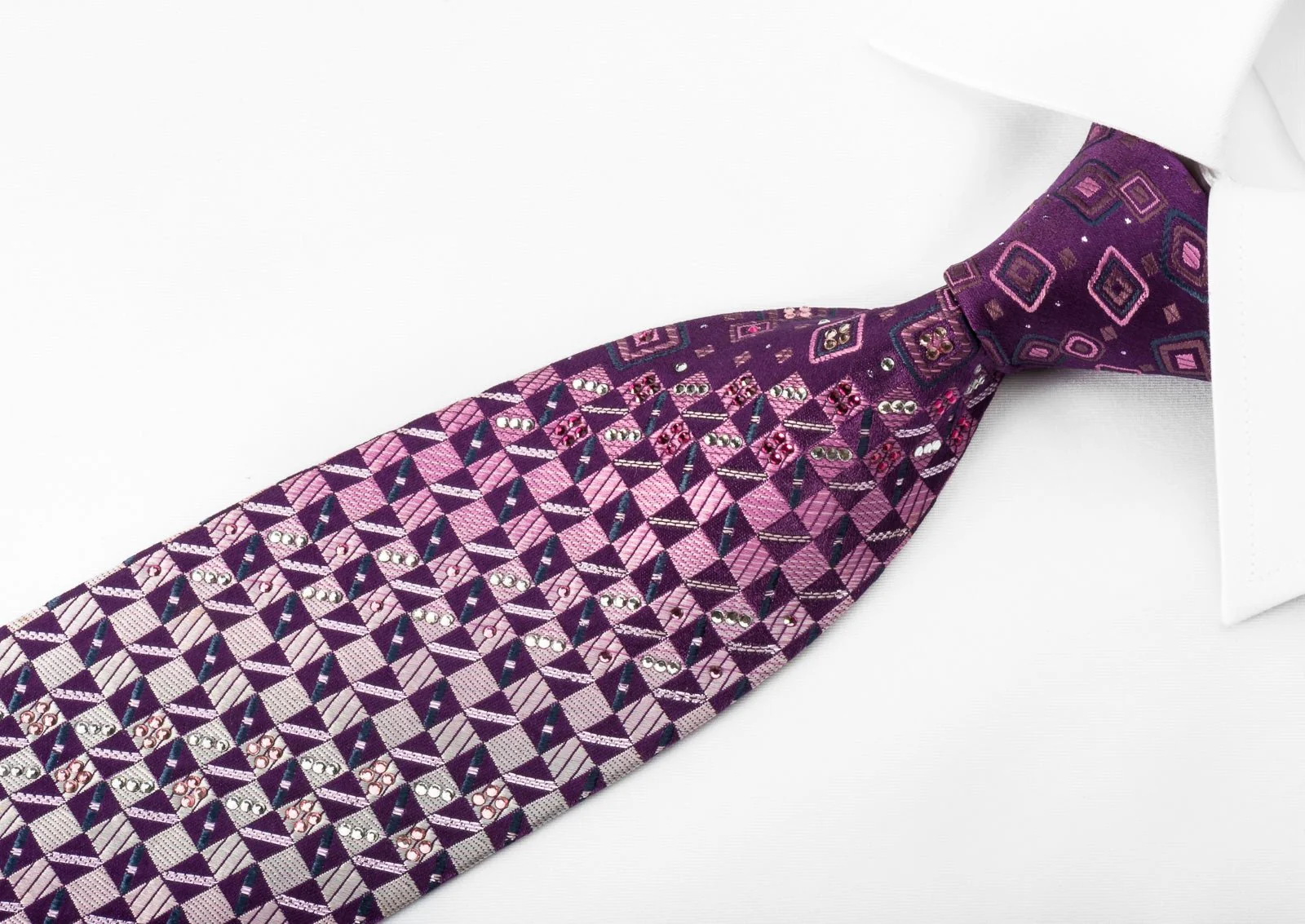 Daks Silk Rhinestone Necktie Checker On Purple With Silver Sparkles - Image 10