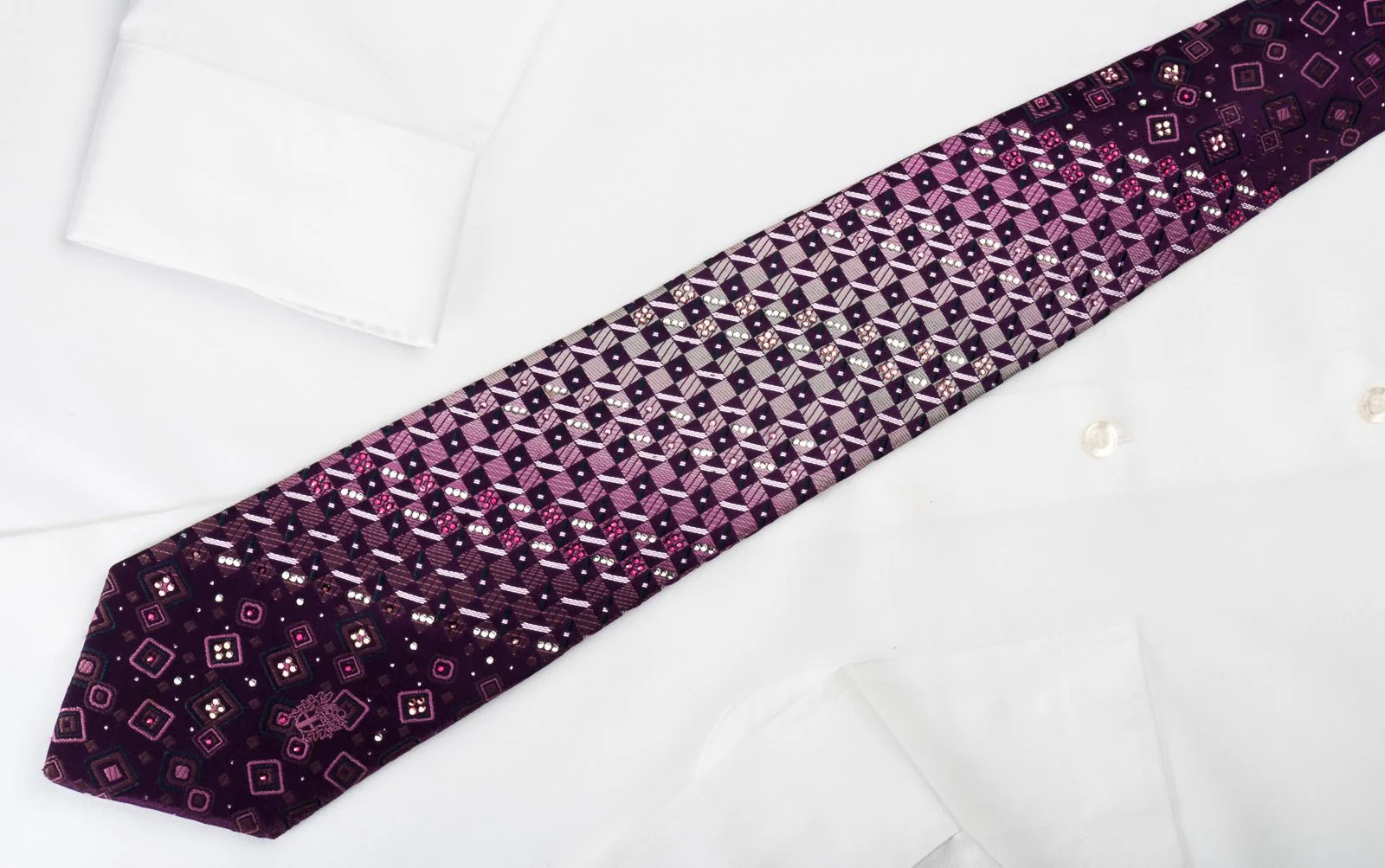 Daks Silk Rhinestone Necktie Checker On Purple With Silver Sparkles - Image 3