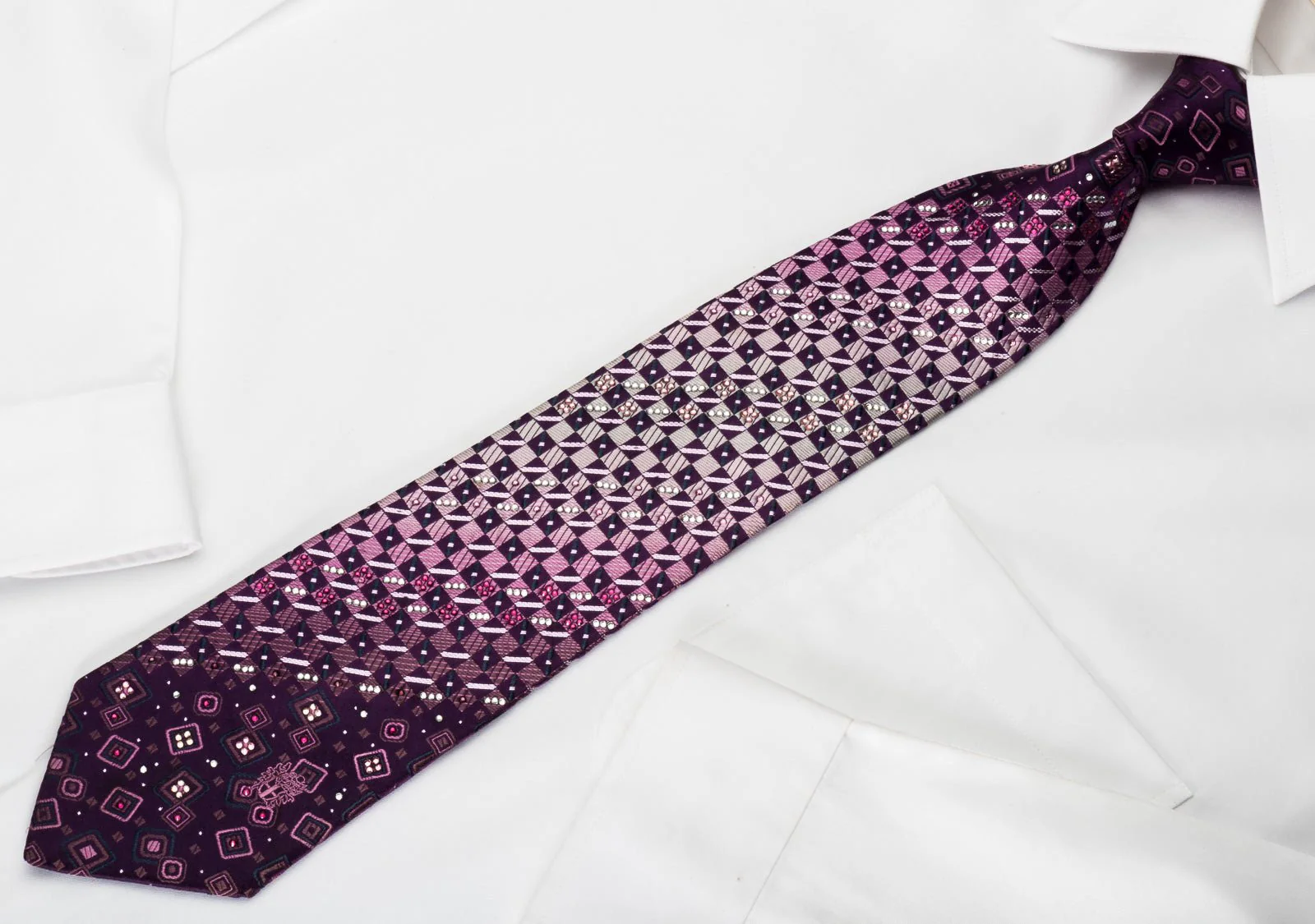 Daks Silk Rhinestone Necktie Checker On Purple With Silver Sparkles - Image 4
