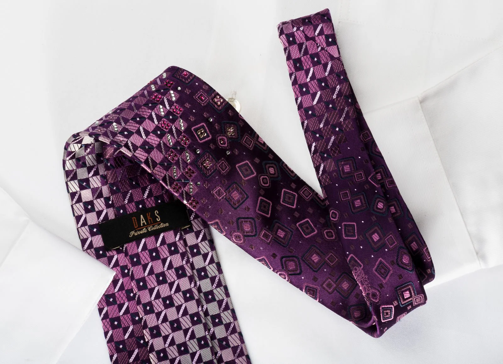 Daks Silk Rhinestone Necktie Checker On Purple With Silver Sparkles - Image 5