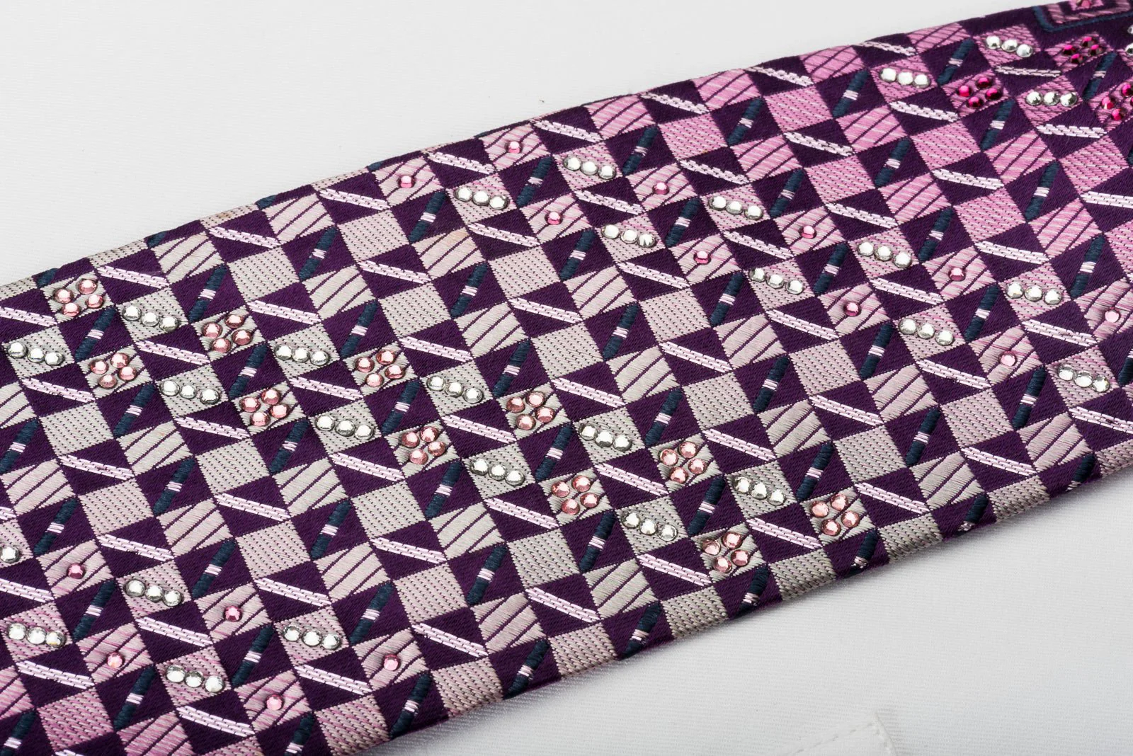Daks Silk Rhinestone Necktie Checker On Purple With Silver Sparkles - Image 6