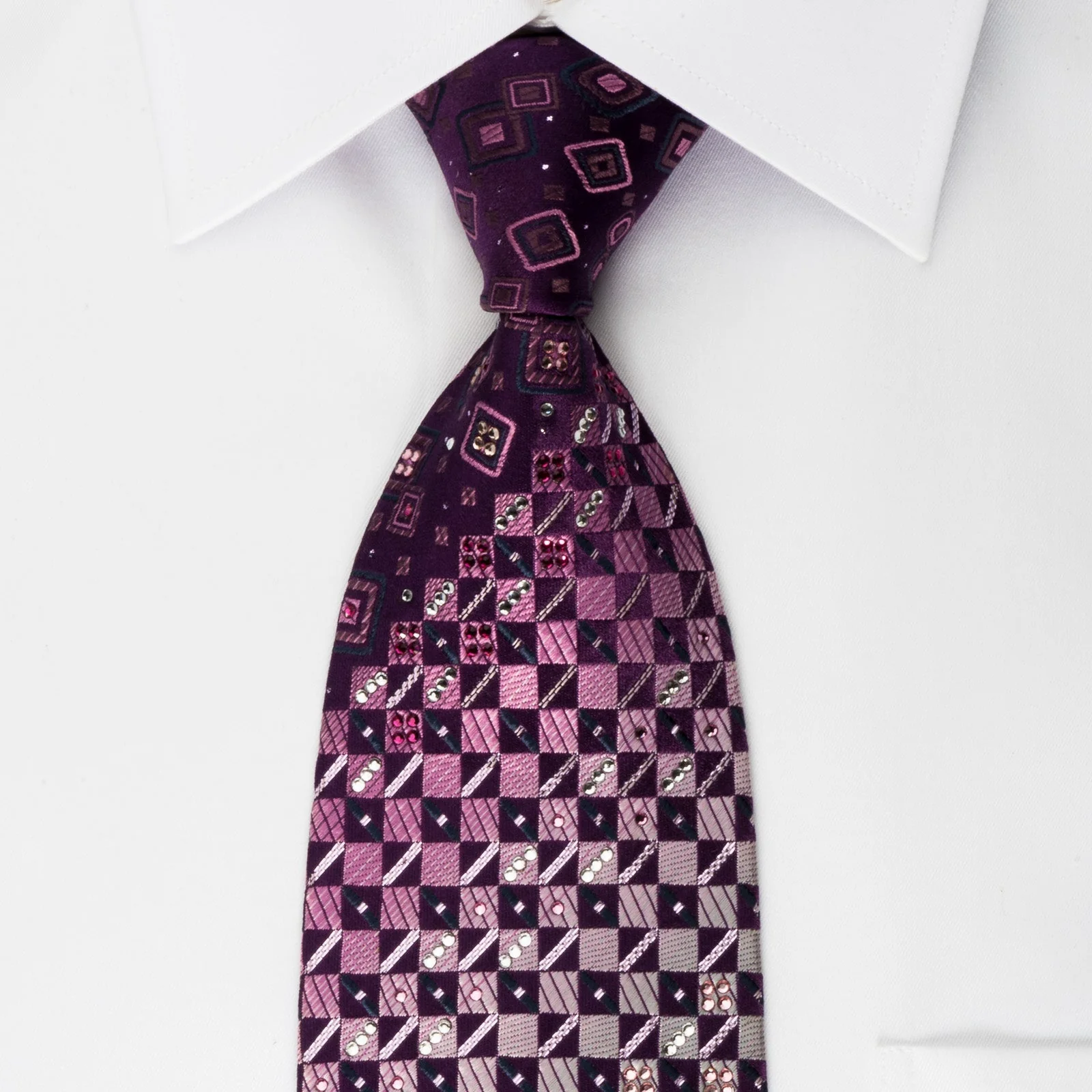 Daks Silk Rhinestone Necktie Checker On Purple With Silver Sparkles - Image 7