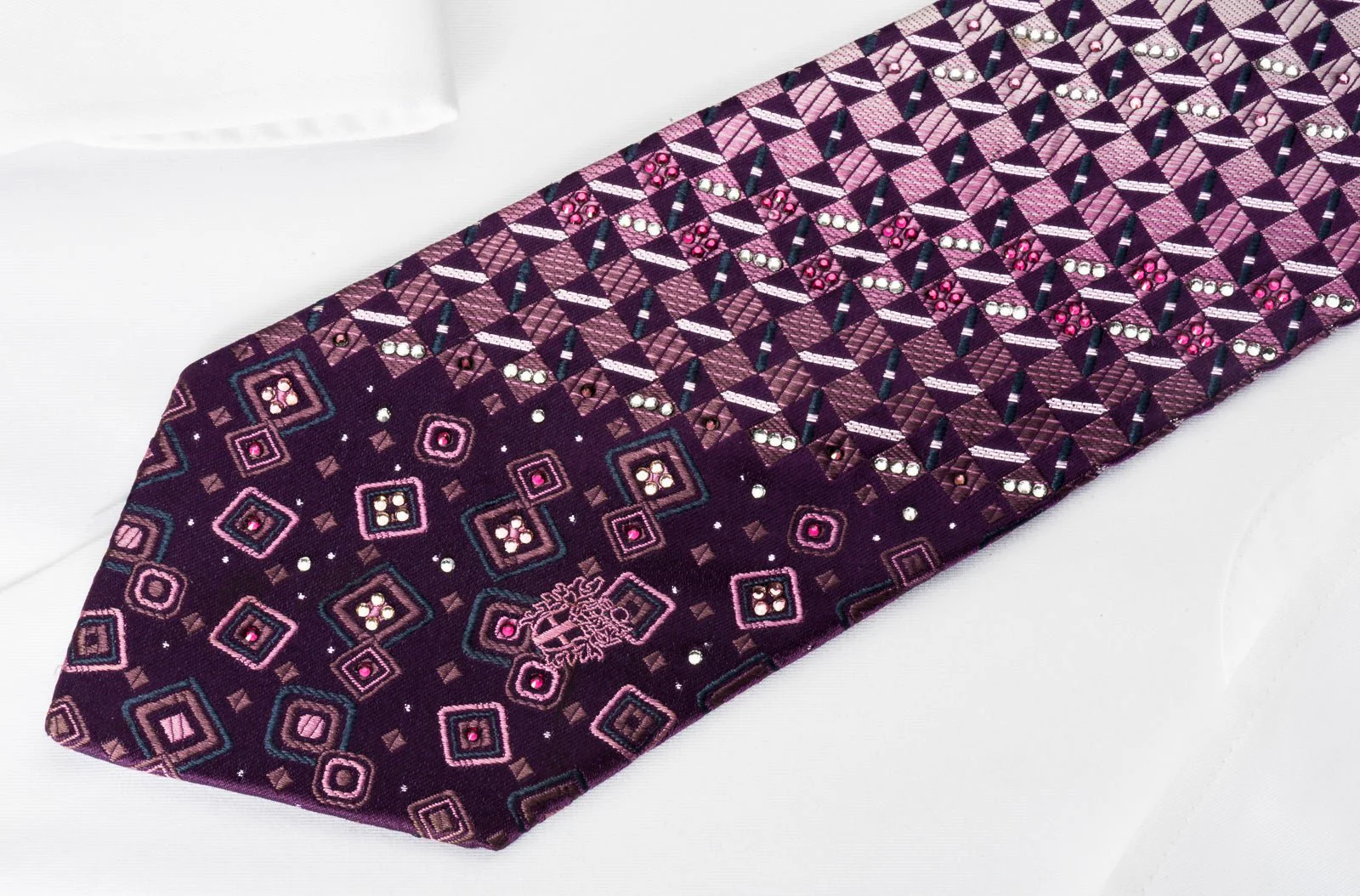 Daks Silk Rhinestone Necktie Checker On Purple With Silver Sparkles - Image 8