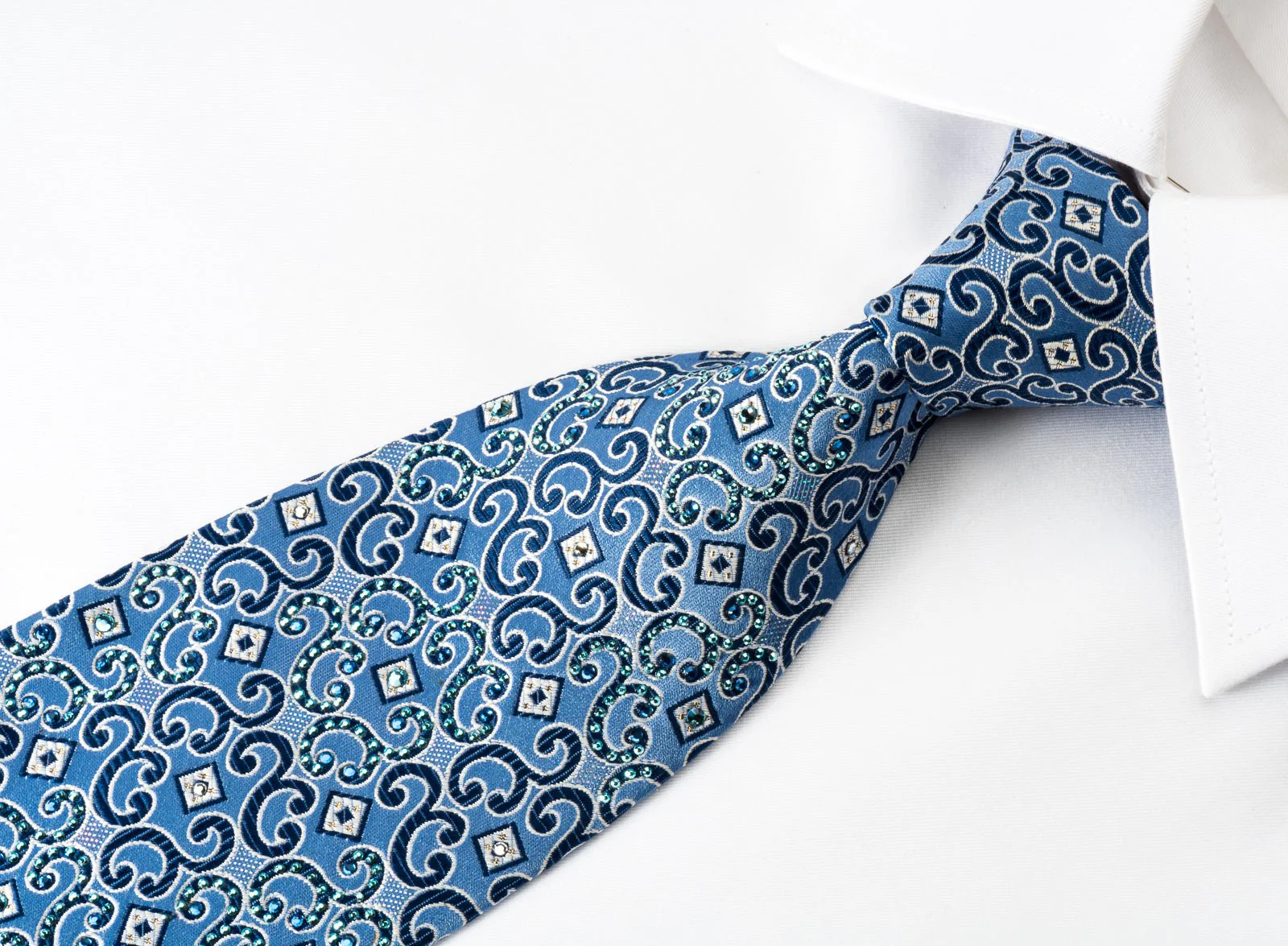 Daks Silk Rhinestone Necktie Scrolls Blue With Silver Sparkles - Image 3