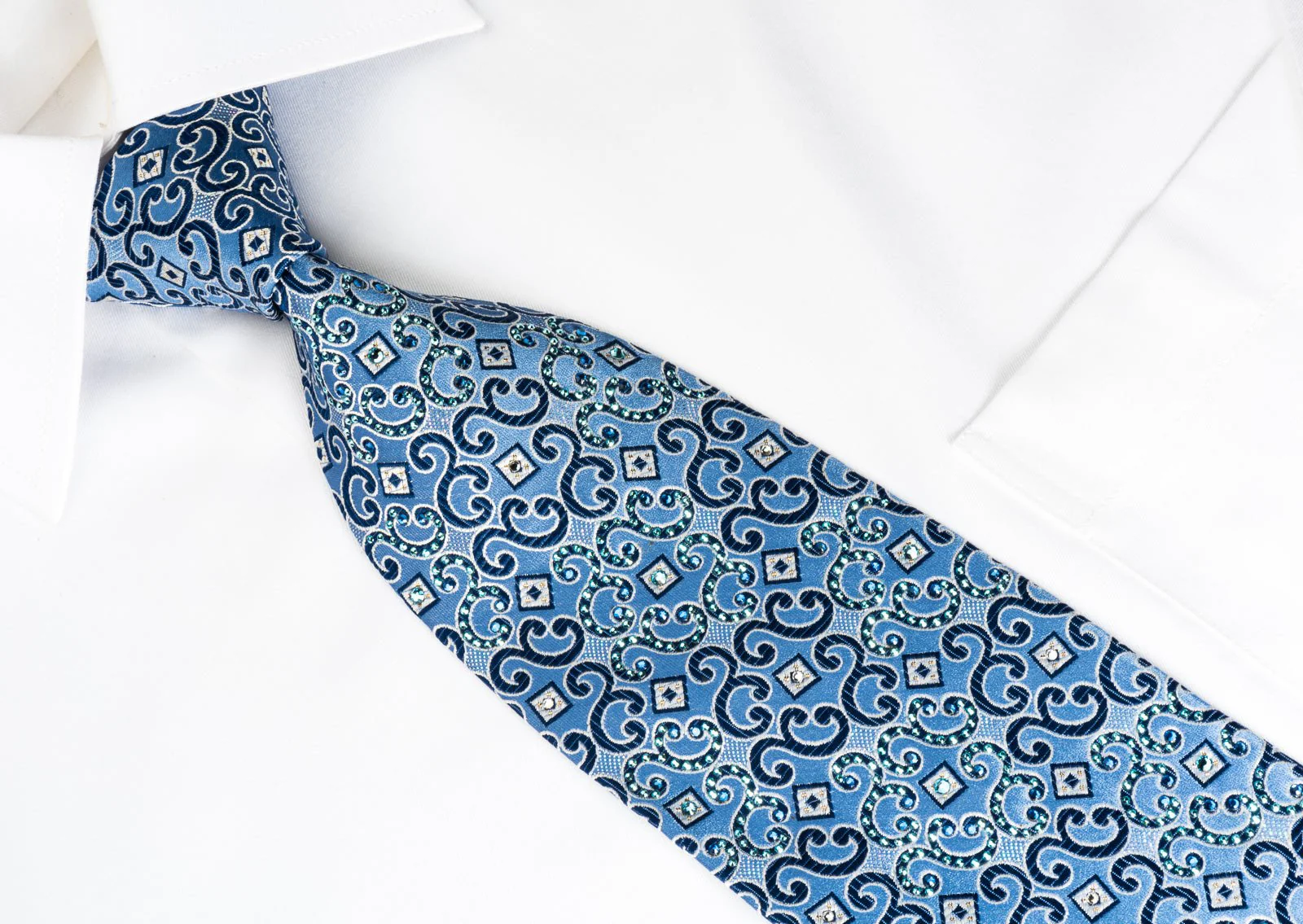 Daks Silk Rhinestone Necktie Scrolls Blue With Silver Sparkles - Image 5