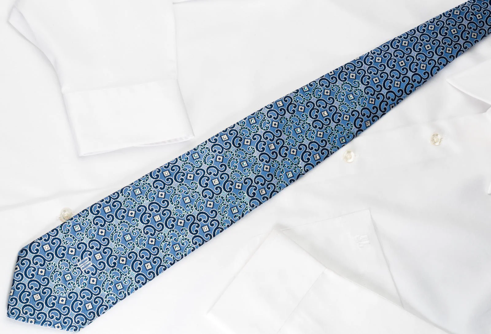 Daks Silk Rhinestone Necktie Scrolls Blue With Silver Sparkles - Image 6