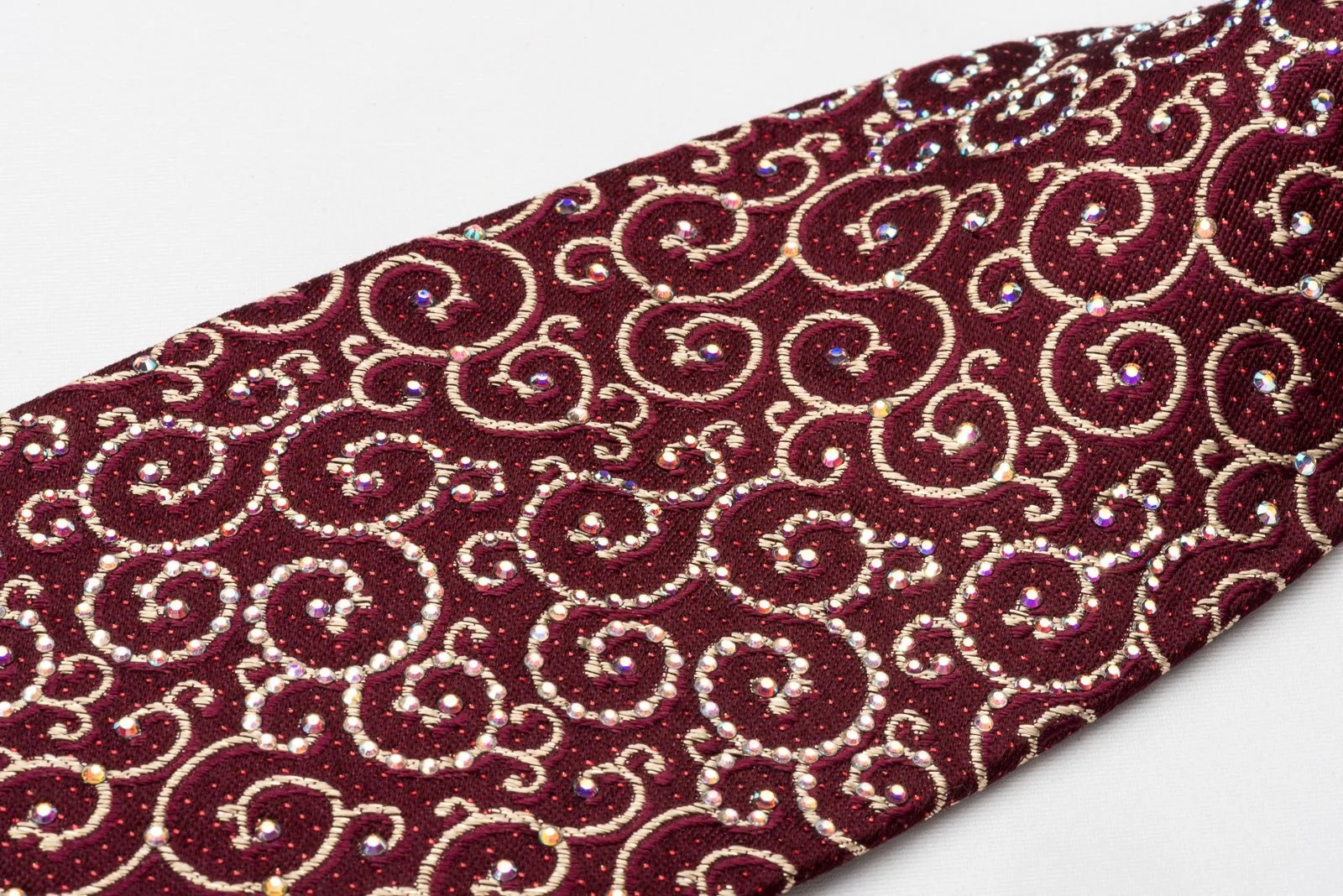 Daks Silk Rhinestone Necktie Scrolls On Burgundy With Silver Red Sparkles - Image 3