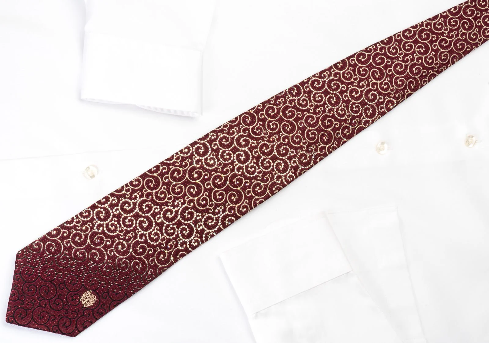 Daks Silk Rhinestone Necktie Scrolls On Burgundy With Silver Red Sparkles - Image 5