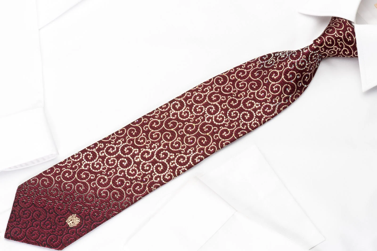 Daks Silk Rhinestone Necktie Scrolls On Burgundy With Silver Red Sparkles - Image 7
