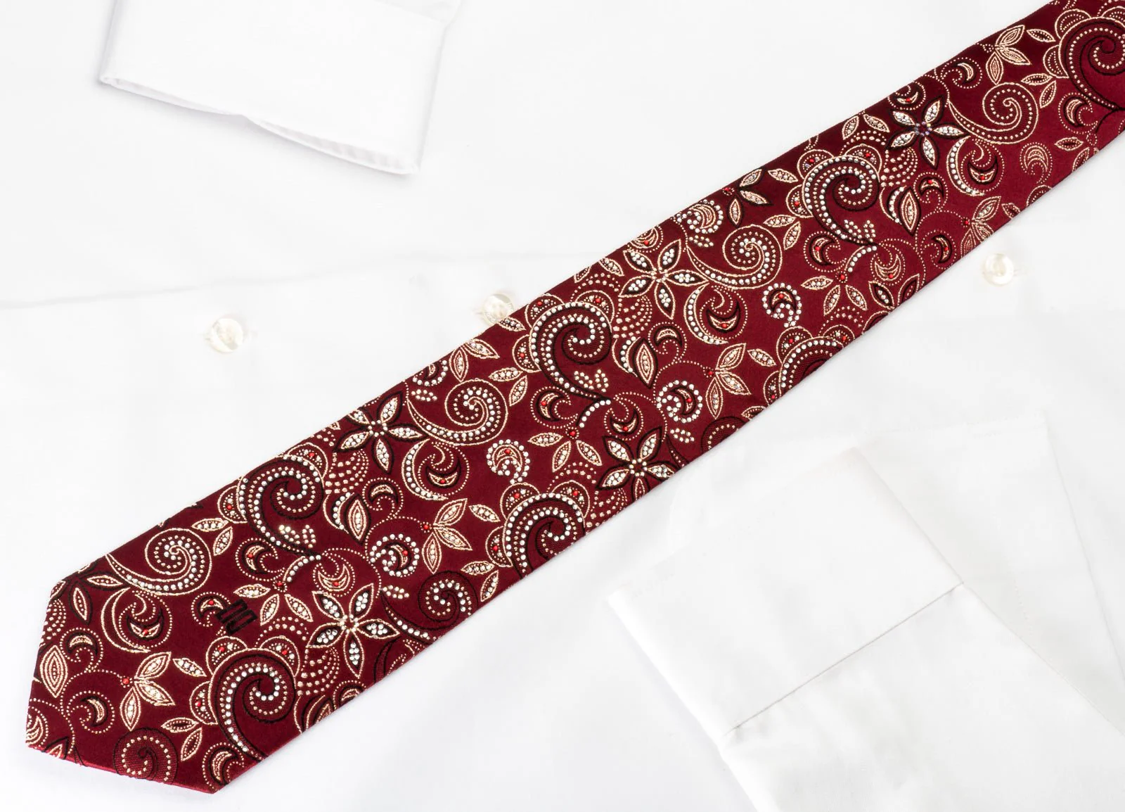 Daks Silk Rhinestone Necktie Gold Floral On Burgundy With Golden Sparkles - Image 3