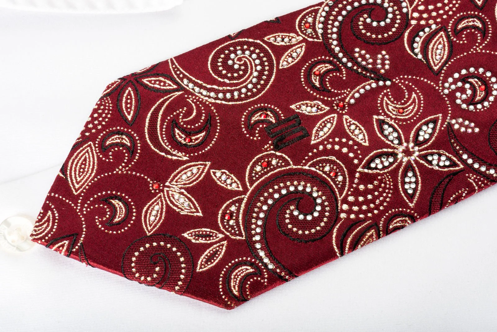Daks Silk Rhinestone Necktie Gold Floral On Burgundy With Golden Sparkles - Image 7