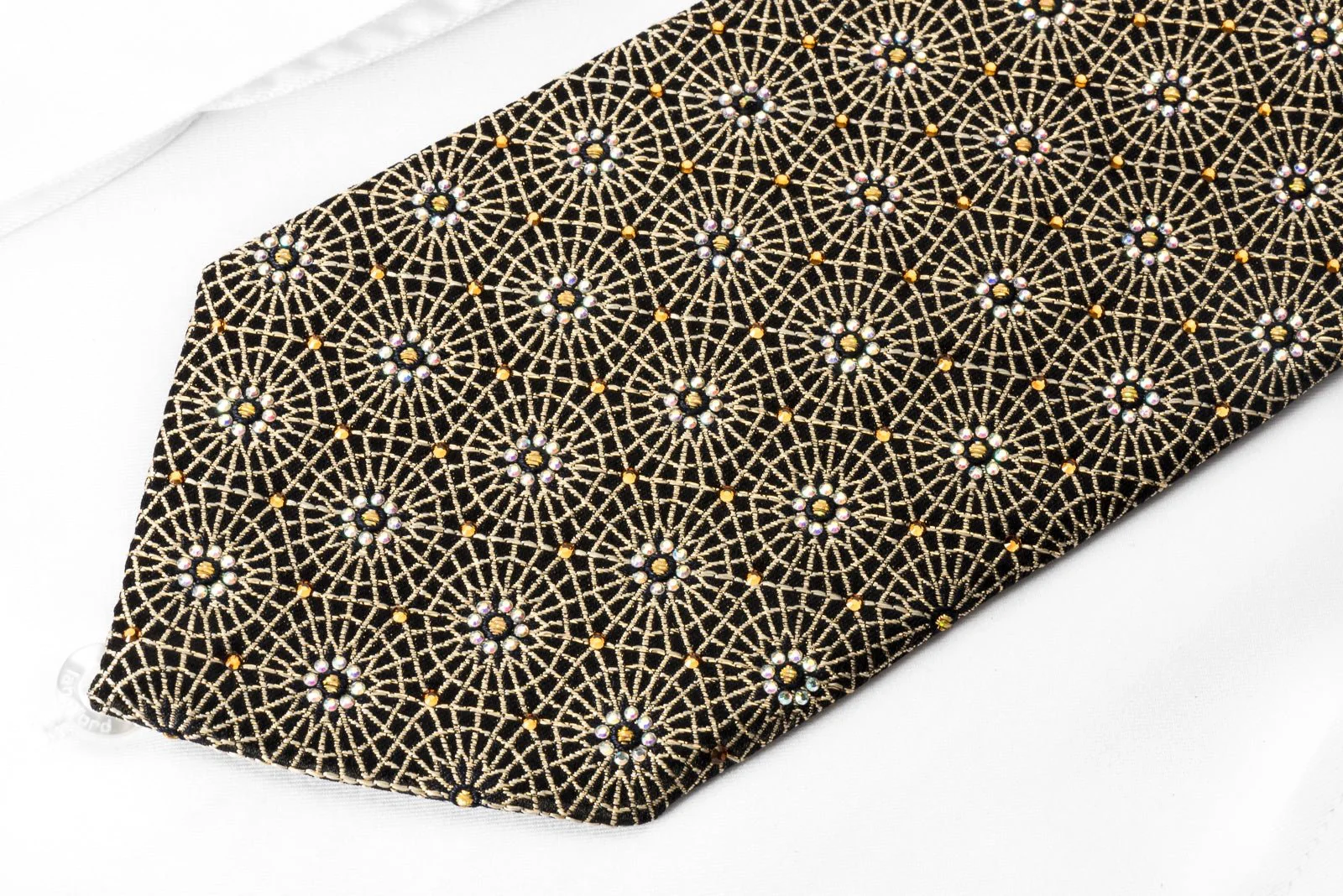 Golden Trellis On Black With Gold Sparkles Silk Rhinestone Tie - Image 3