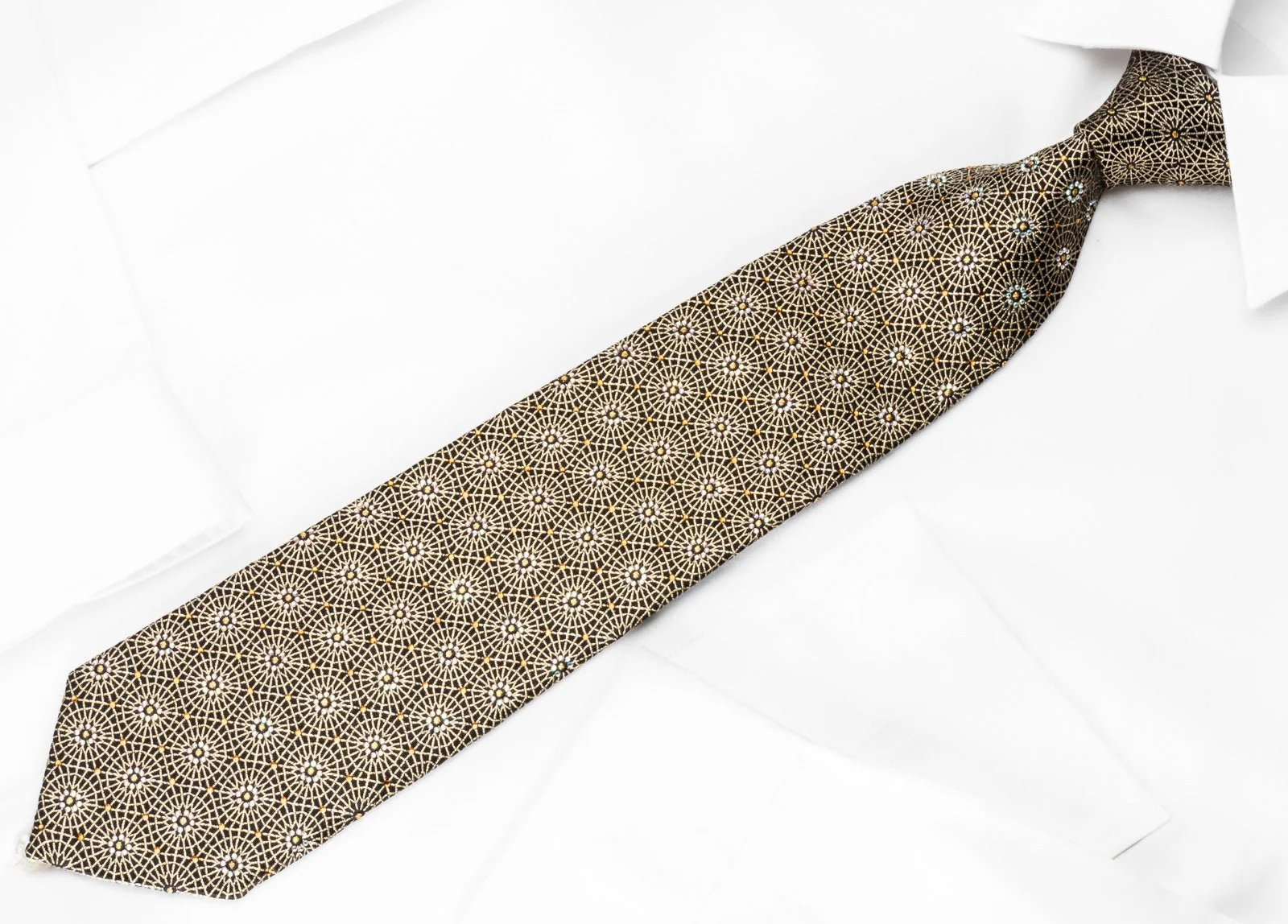 Golden Trellis On Black With Gold Sparkles Silk Rhinestone Tie - Image 4
