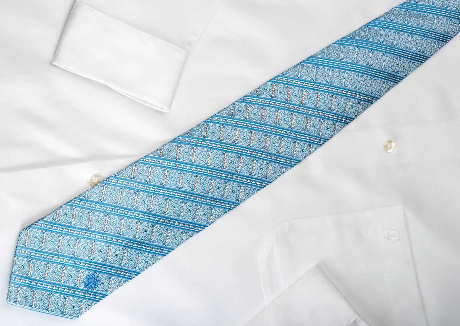 Daks Silk Tie Blue Striped Rhinestone With Silver Sparkles - Image 3