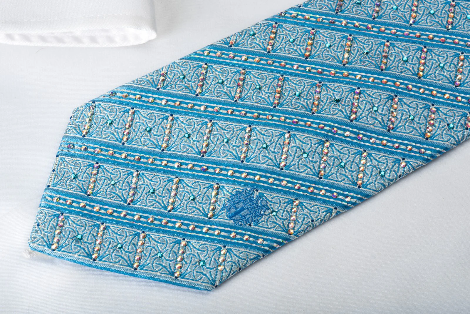 Daks Silk Tie Blue Striped Rhinestone With Silver Sparkles - Image 4