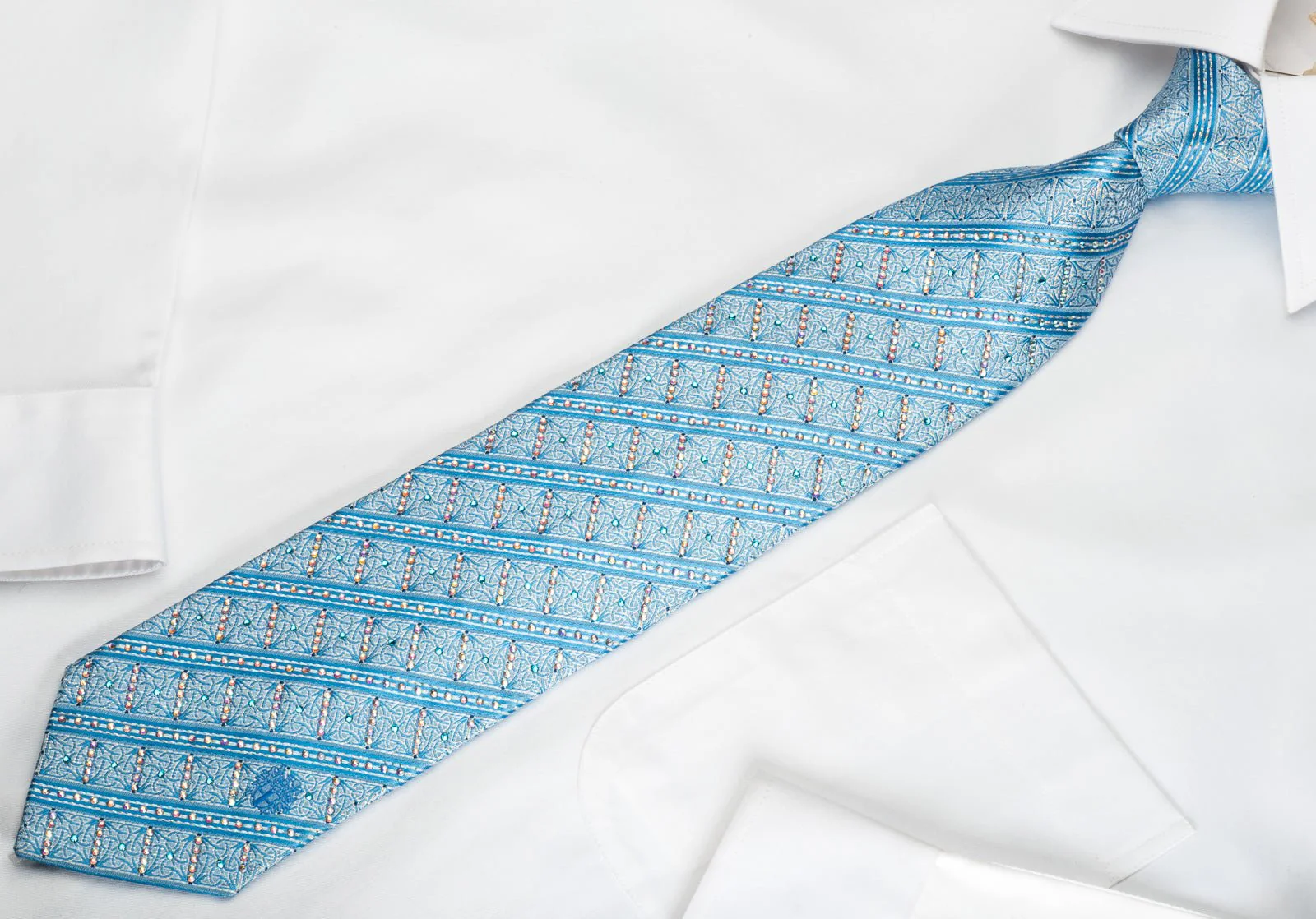 Daks Silk Tie Blue Striped Rhinestone With Silver Sparkles - Image 5