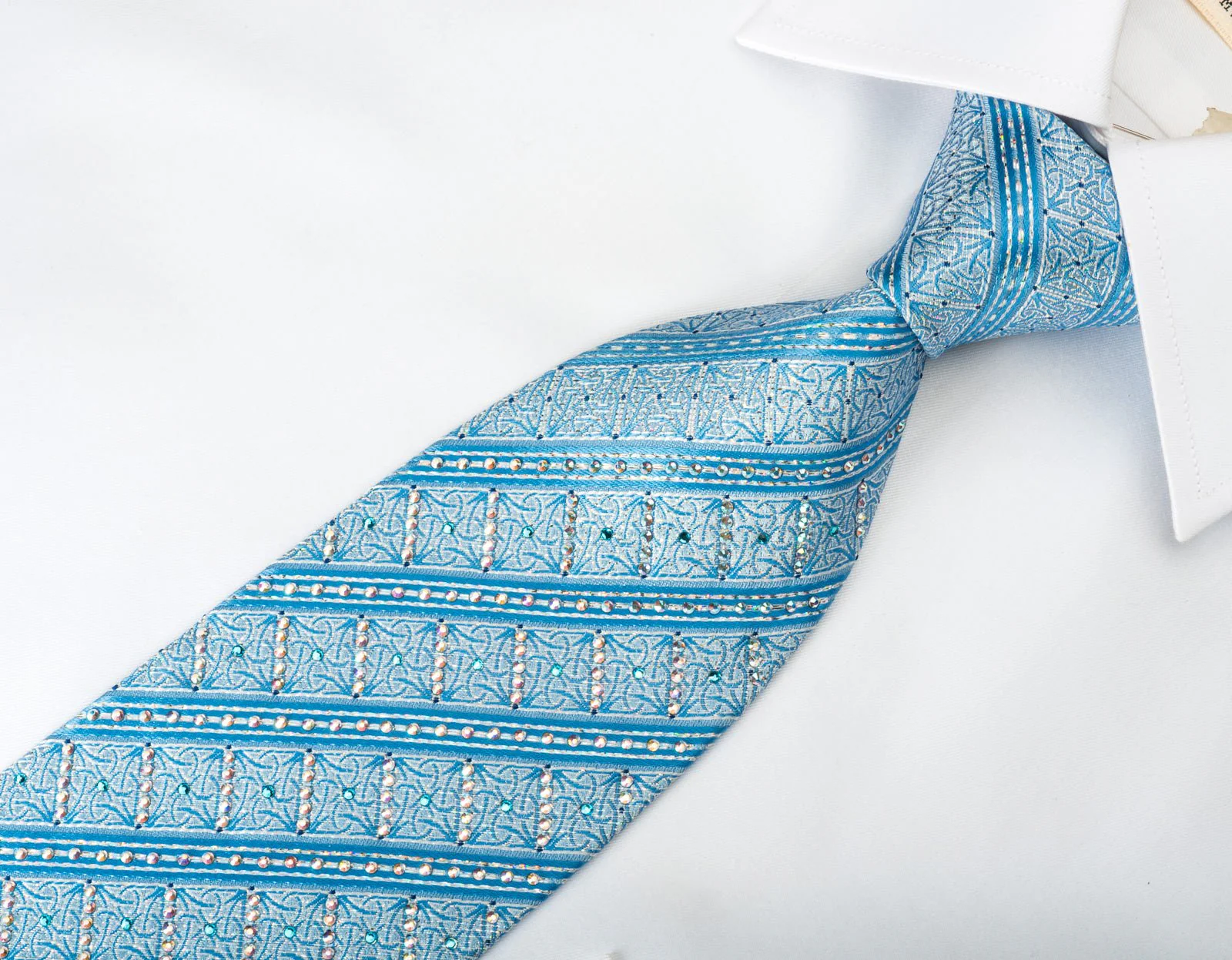 Daks Silk Tie Blue Striped Rhinestone With Silver Sparkles - Image 8