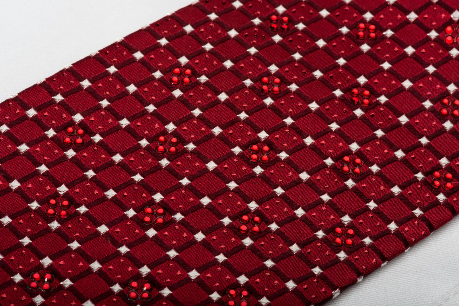 Daks Silk Tie Checkered Trellis On Burgundy With Rhinestones & Sparkles - Image 6
